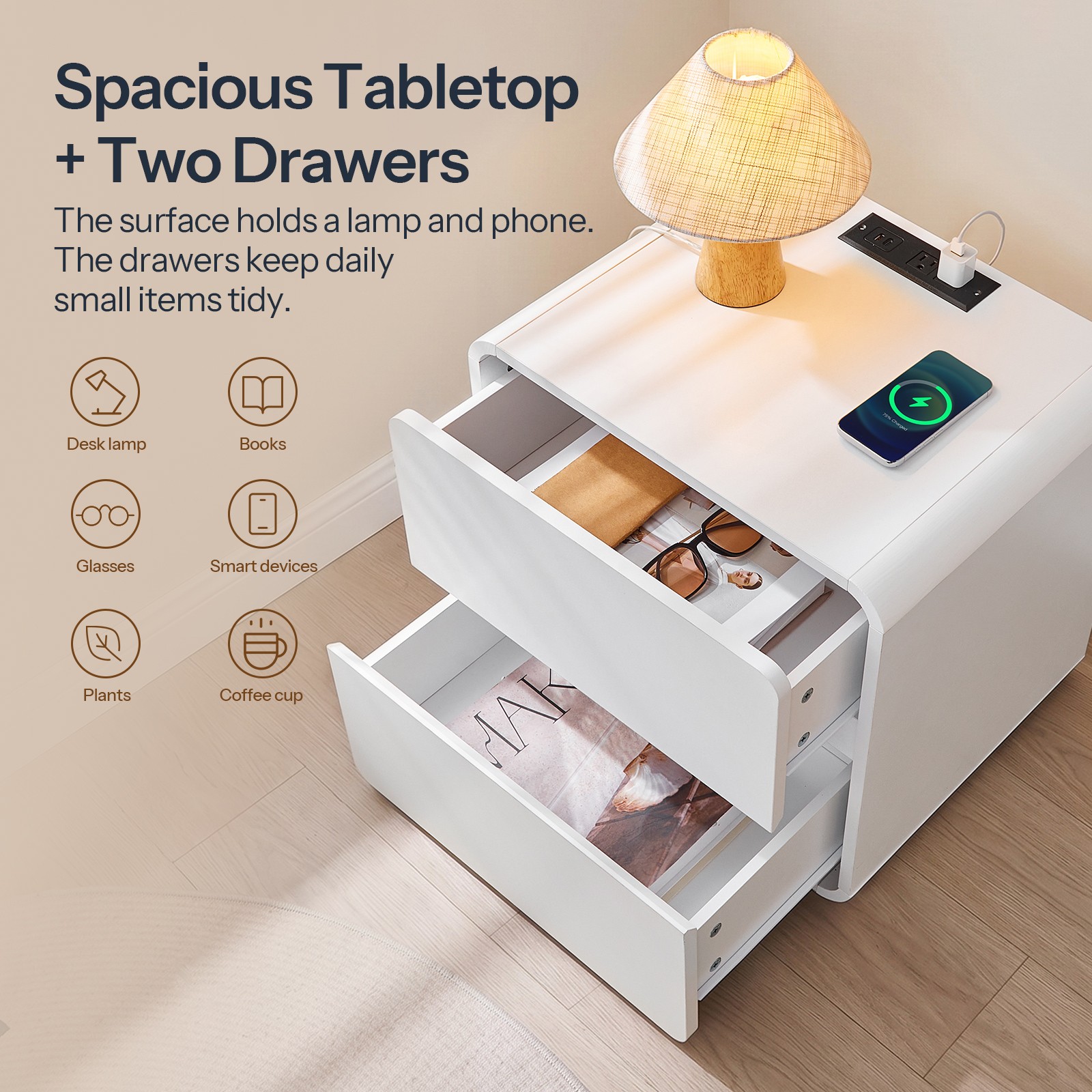 Side Table with Charging Station End Table Bedside Table 19.7″ x 15.7″ x 19.7″