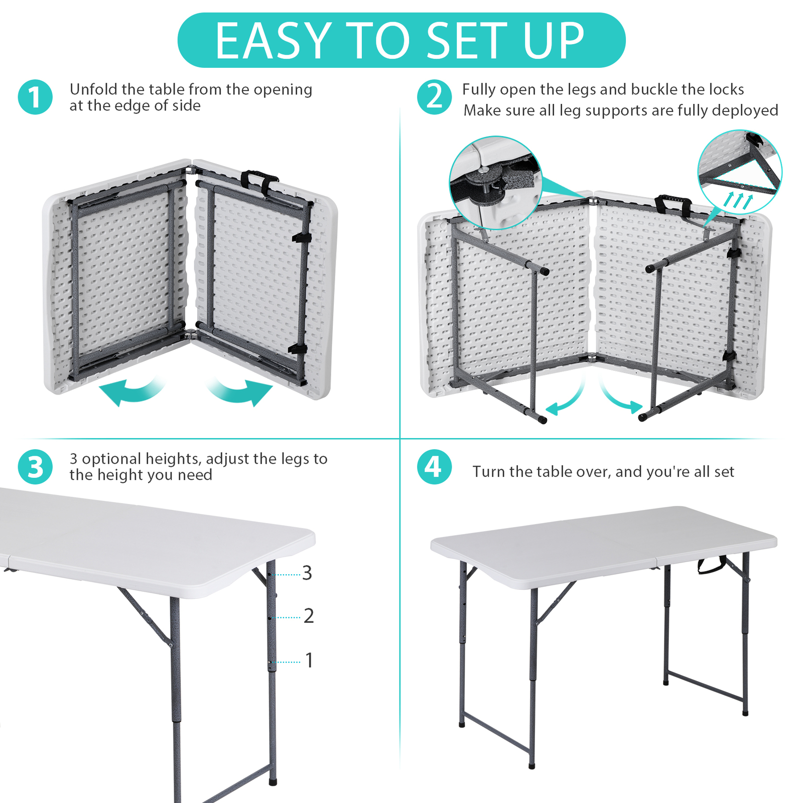 Folding Table Adjustable 4FT Plastic Table Picnic Camping w/Carry Handle White