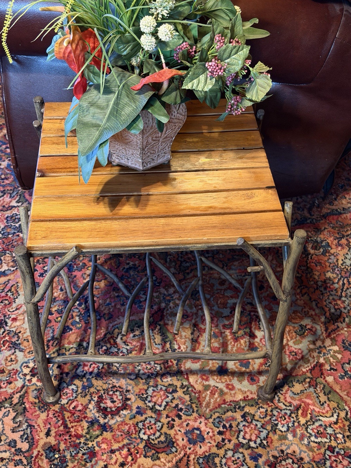 Rustic Teak Wood Slatted Metal Twig Side Table W/ Shelf !