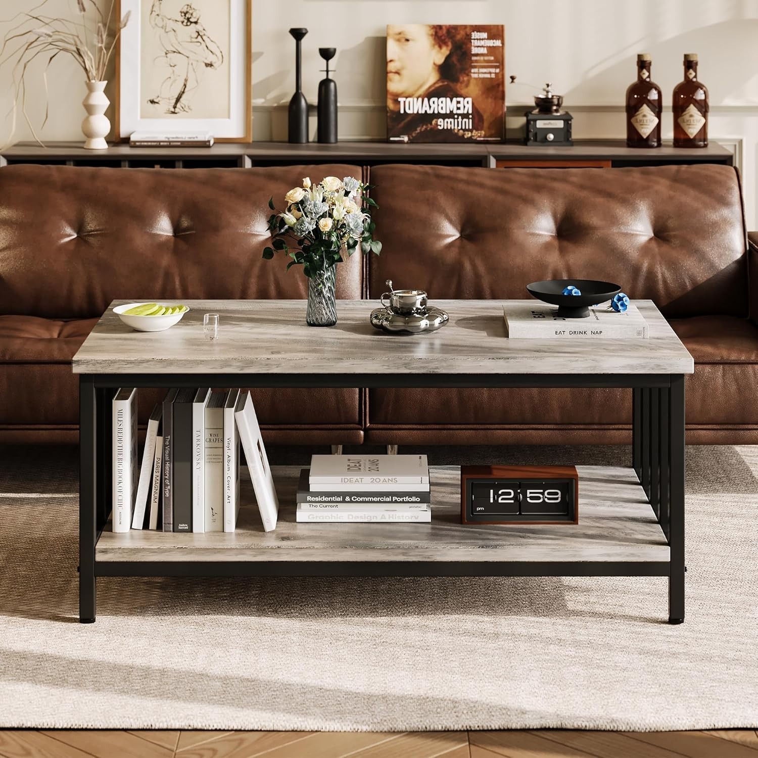 Homeiju Coffee Table 39in Modern Farmhouse Grey Wash 2 Tier Storage Shelf