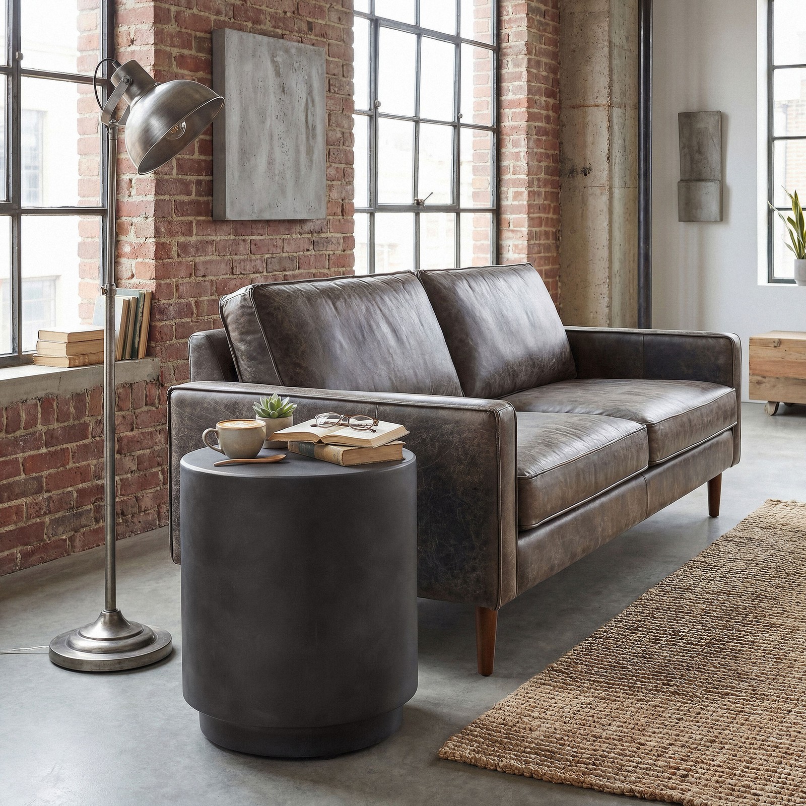 Lightweight Accent Table with Concrete Finish Round Side Table, Dark Gray