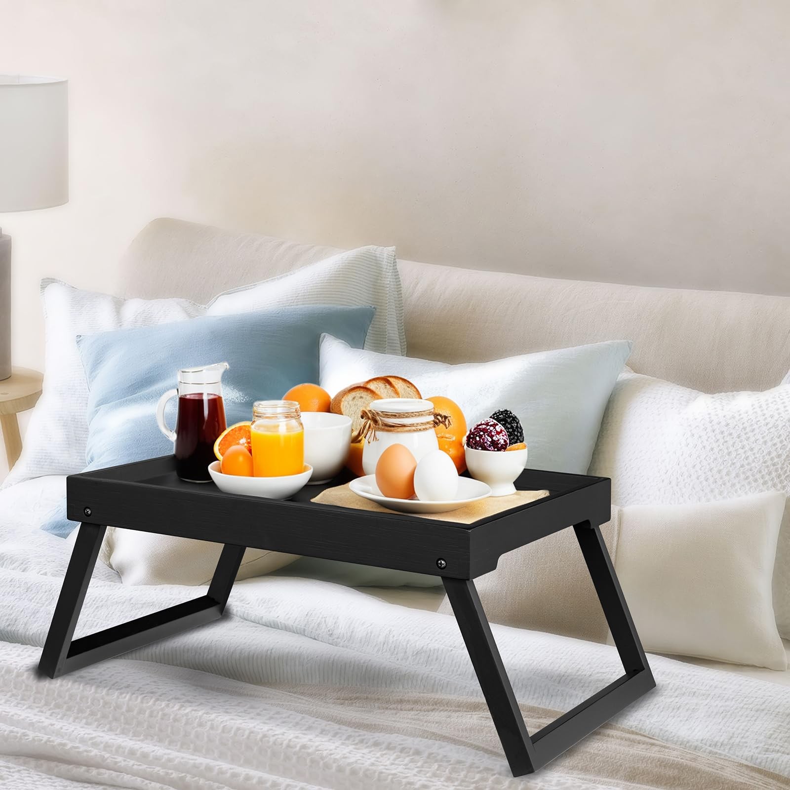 RRX Bed Tray Table with Folding Legs, Breakfast 15.8″ x 11.8″ x 1.6″, Black