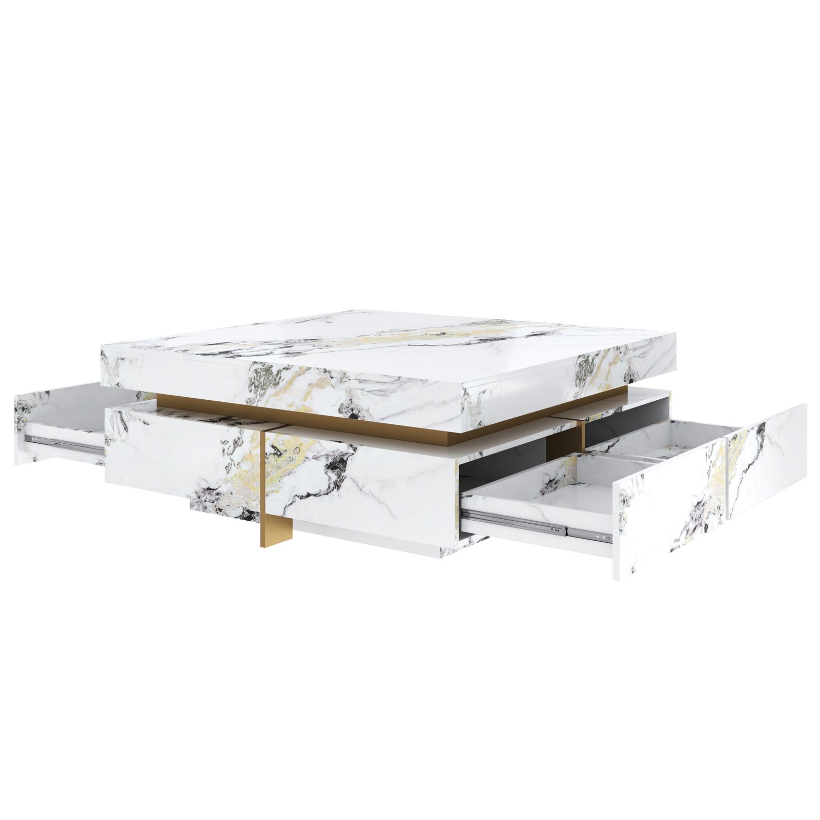 Modern White Square Marble Coffee Table with 4 Drawers, 43.3″