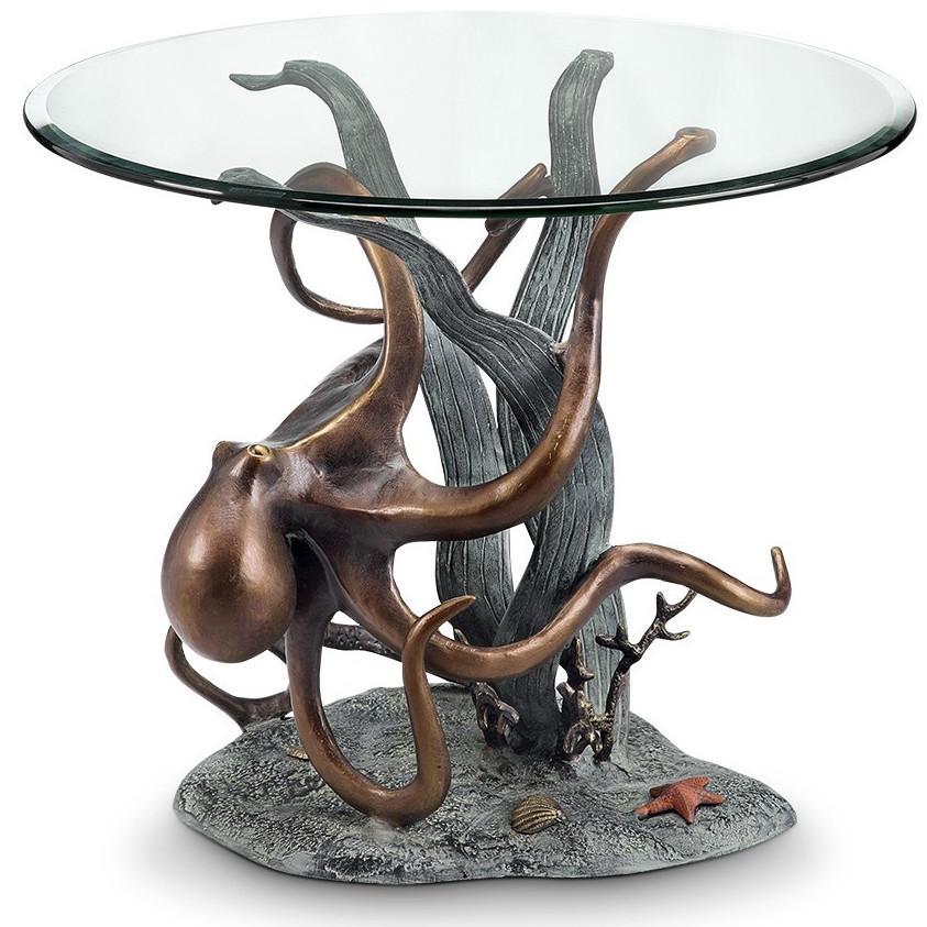 Octopus And Seagrass End-Side Table Aluminum Glass Home Decor-24”D x 21.5”’H