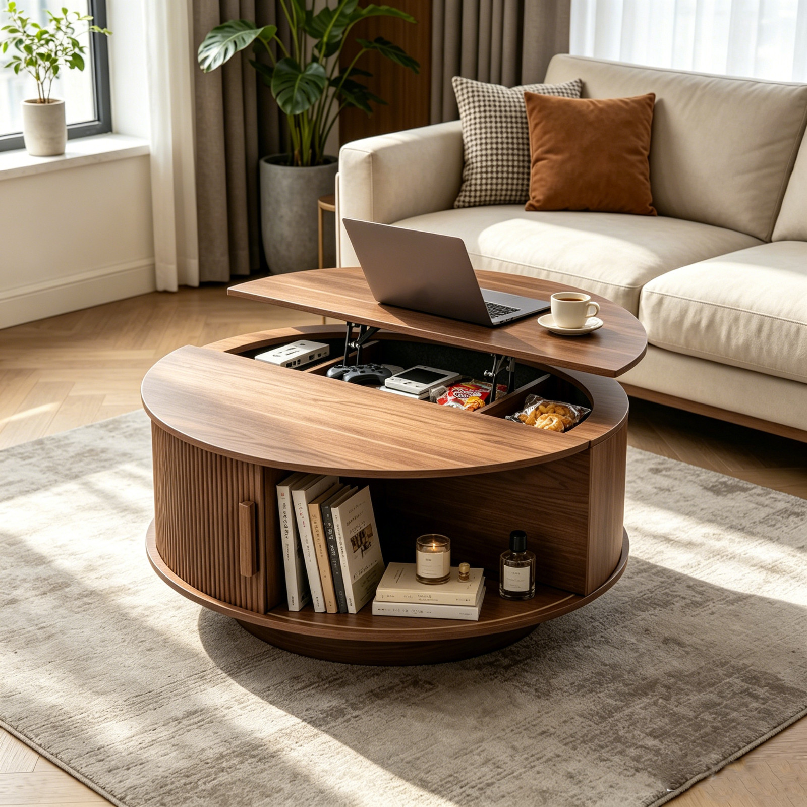 Lift Top Round Coffee Table with Hidden Storage/Sliding Cabinet Doors