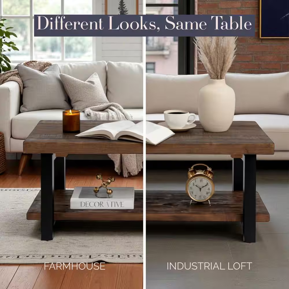 Pomona 42 In. Rustic/Natural Rectangle Wood Top Coffee Table with Shelf