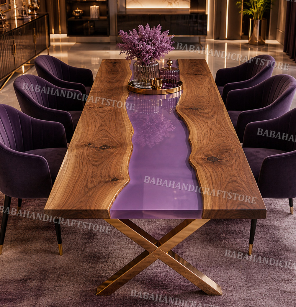 Luxury Purple Epoxy River Dining Table Live Edge Wood Resin Tabletop Handmade