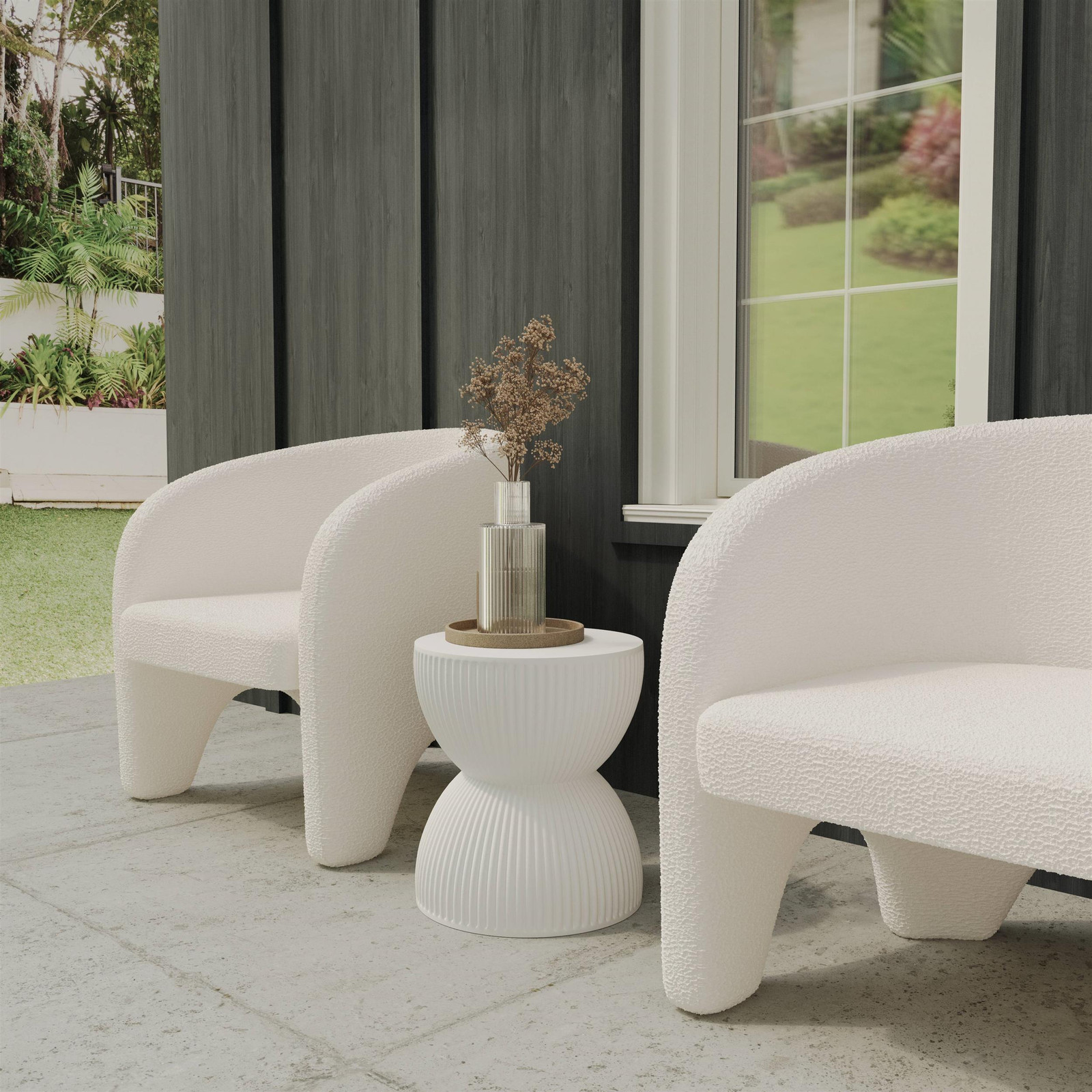 LeisureMod 15″ Round Fiberstone Side Table Hourglass Design in White
