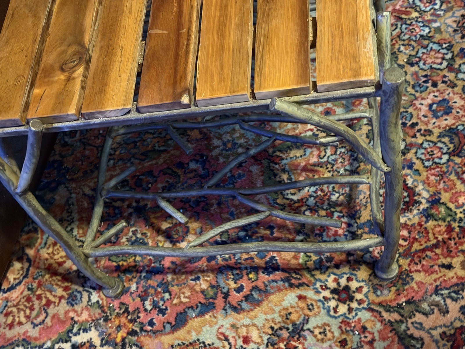 Rustic Teak Wood Slatted Metal Twig Side Table W/ Shelf !