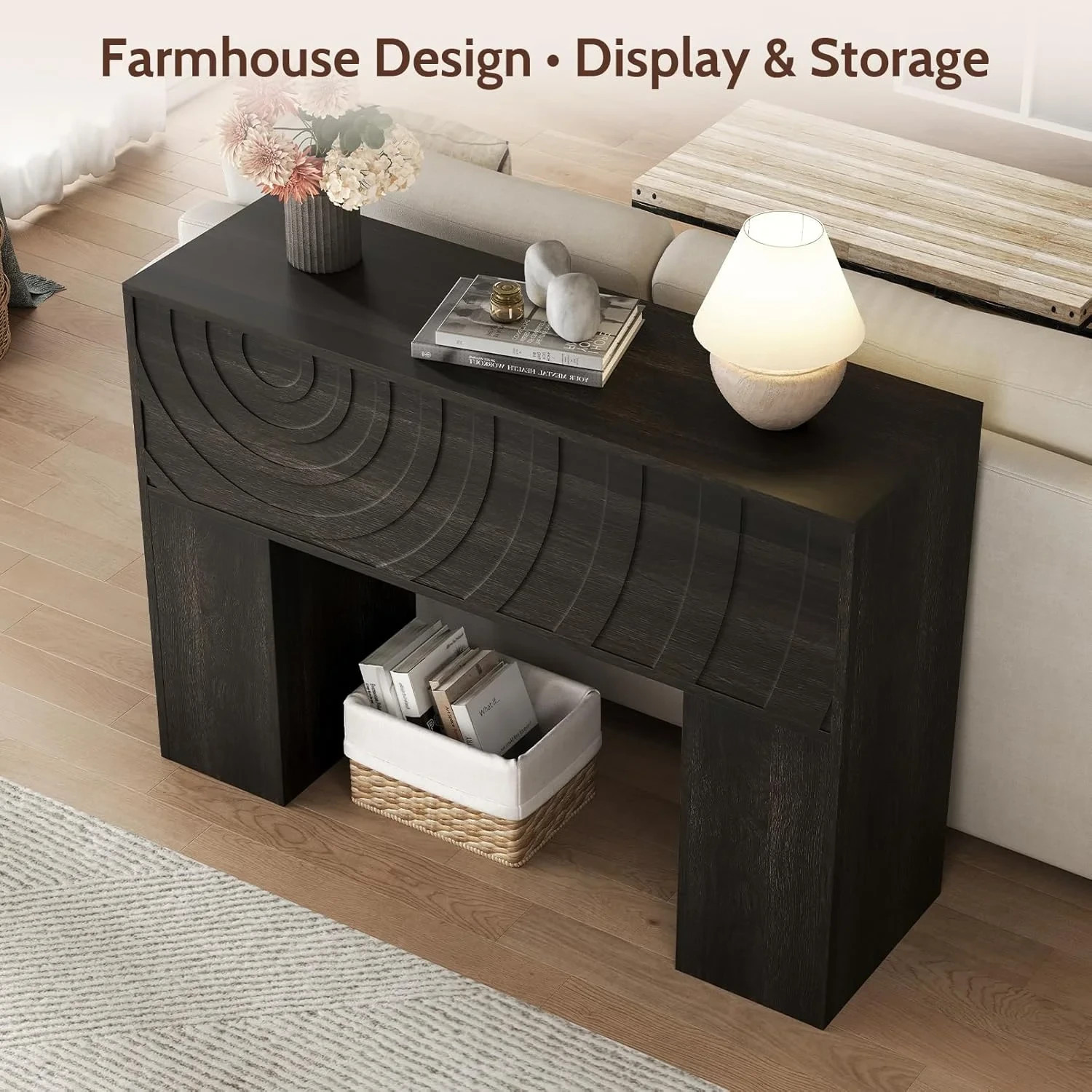 43″W Farmhouse Wood Console Table with Unique Carved Design for Entryway Black