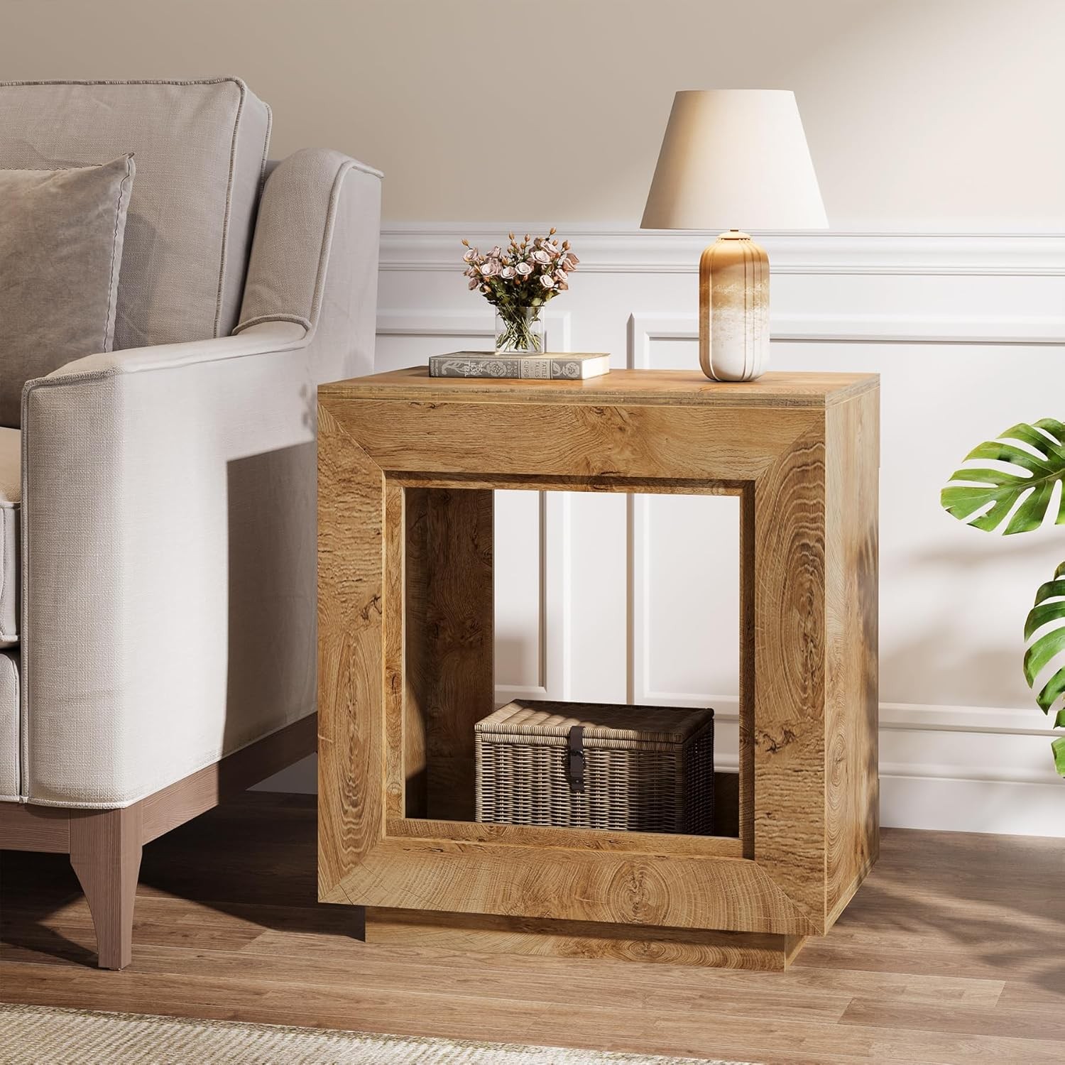 Rustic Wood End Table, 2-Tier Square Side Table with Storage for Living Room