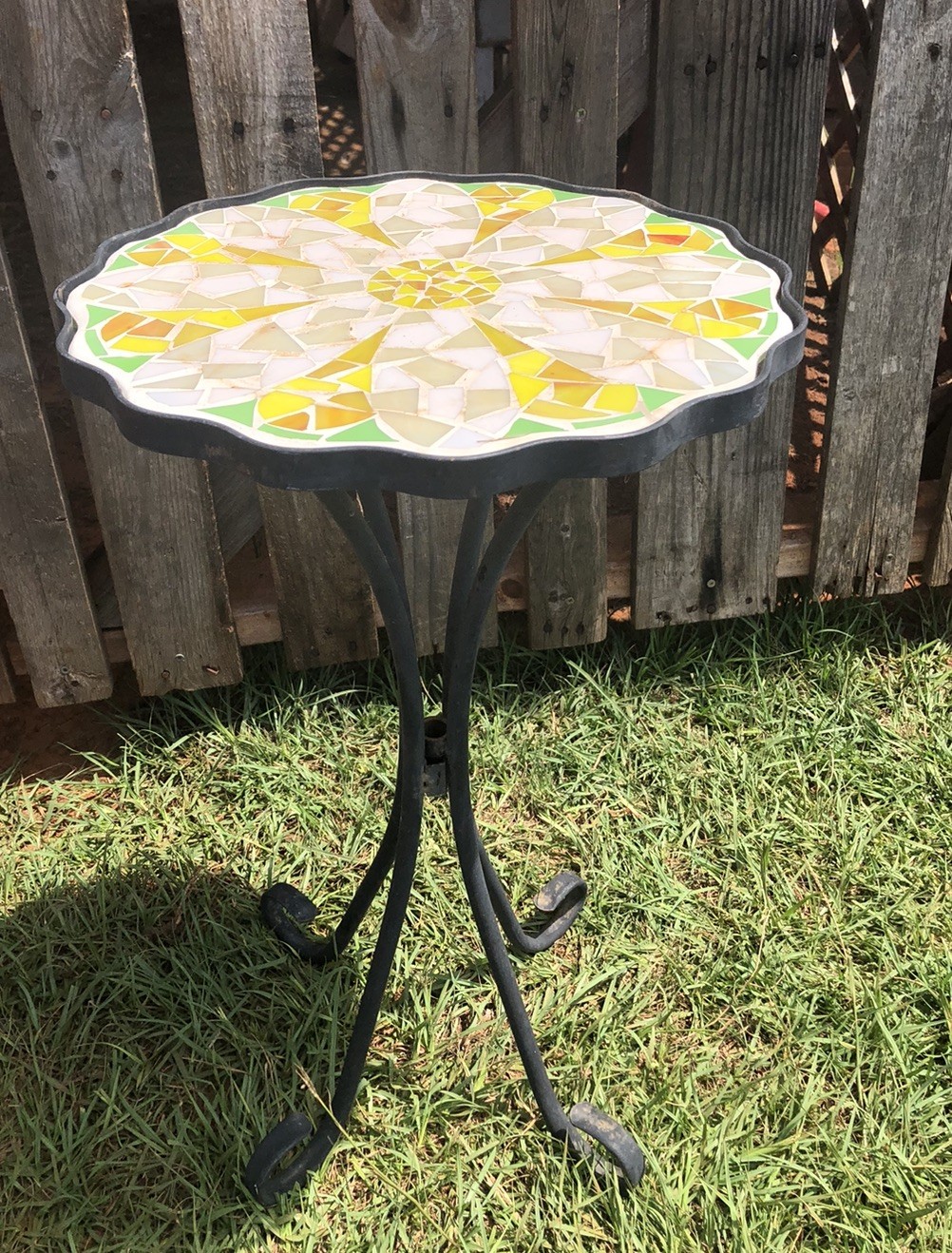 Mosaic Side Table Plant Stand Table Bistro, Yellow Flower Shape Top, 23” Tall