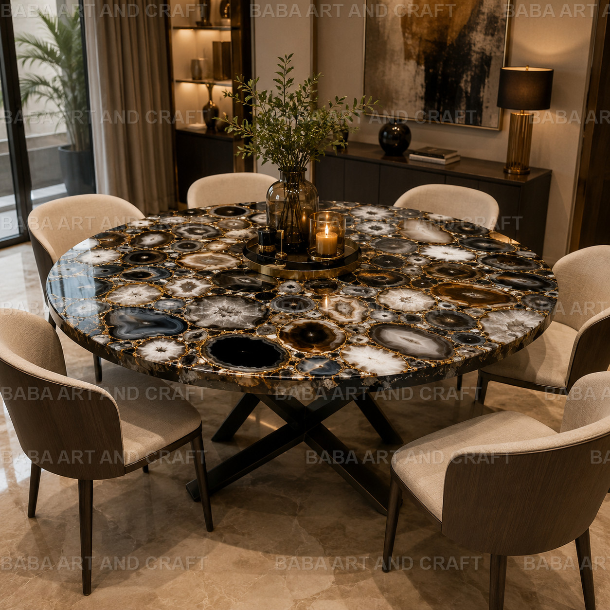 Black Agate Dining Table Top | Handmade Natural Agate Stone Table | Luxury Home