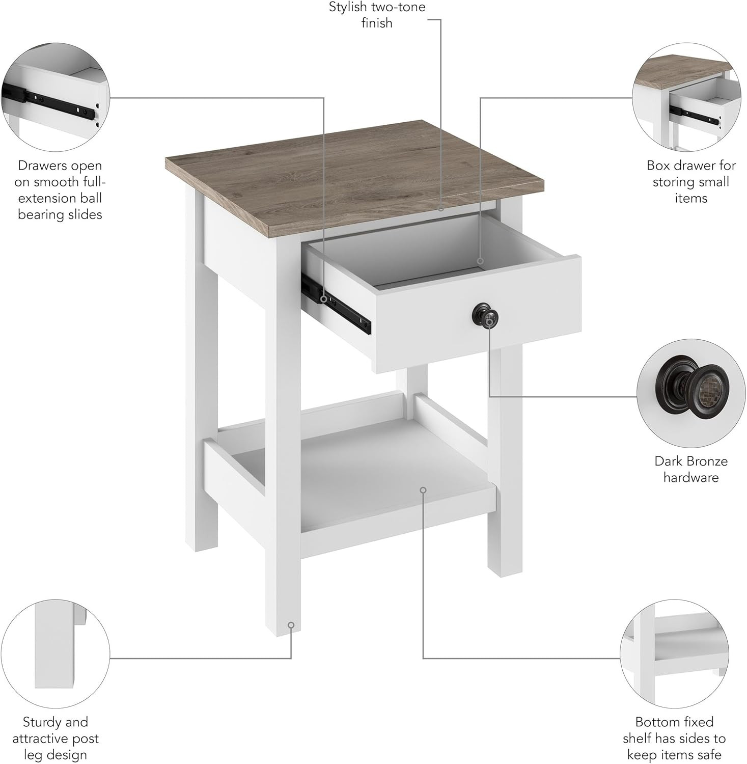 Mayfield Small End Table with Drawer in White and Shiplap Gray for Any Room
