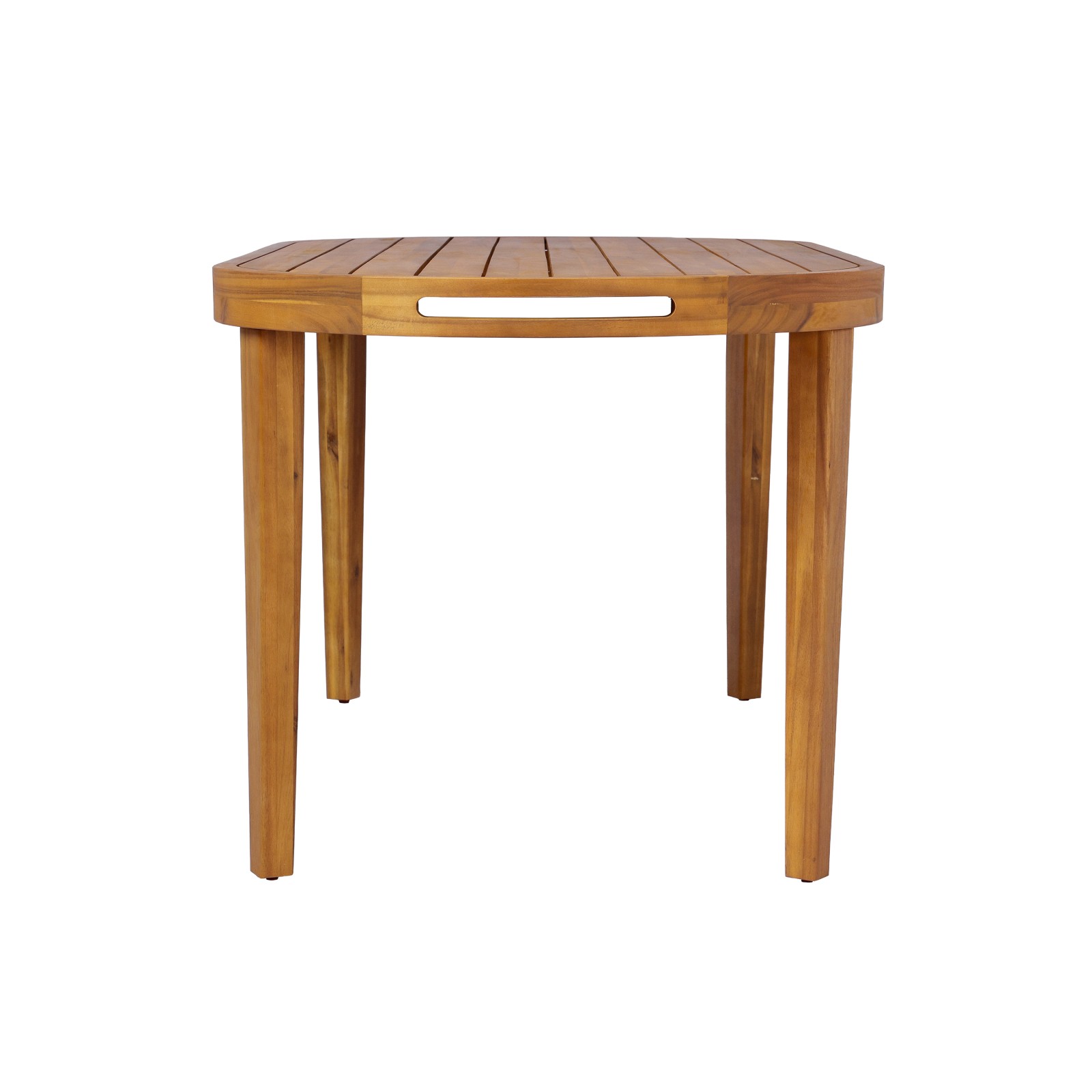 70″ Oval Acacia Wood Outdoor Dining Table with Slatted Top, Teak Finish