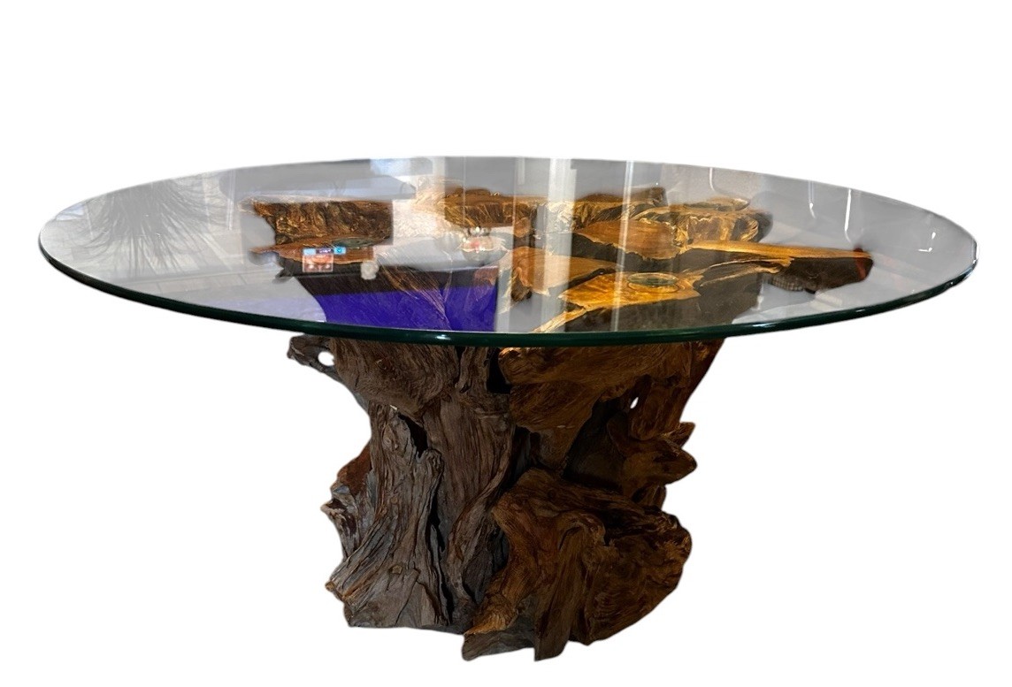 Wood Root Coffee Table Round Glass Top 36”Indonesian Teak Live Edge READ