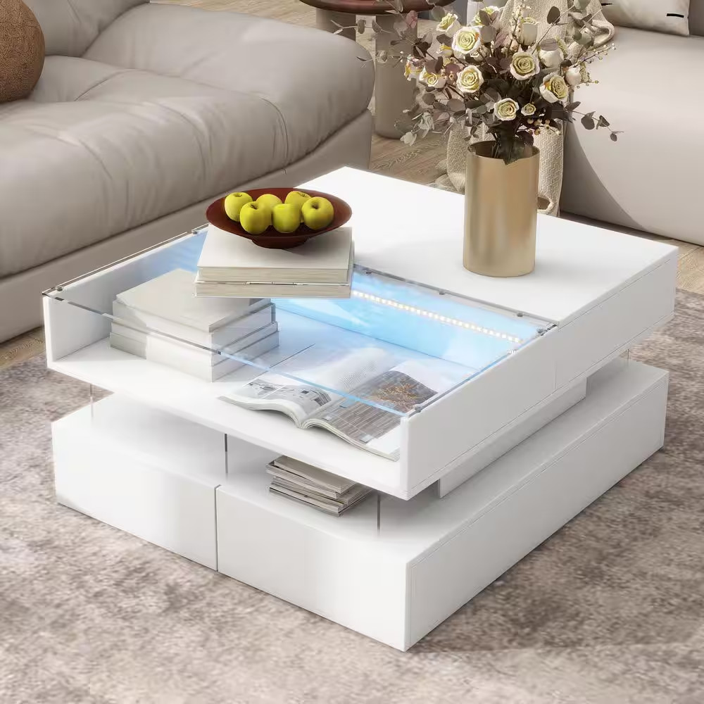 29.5 In. White Lift-Top Square Glass Top Coffee Table with 2 Drawers, High-Gloss