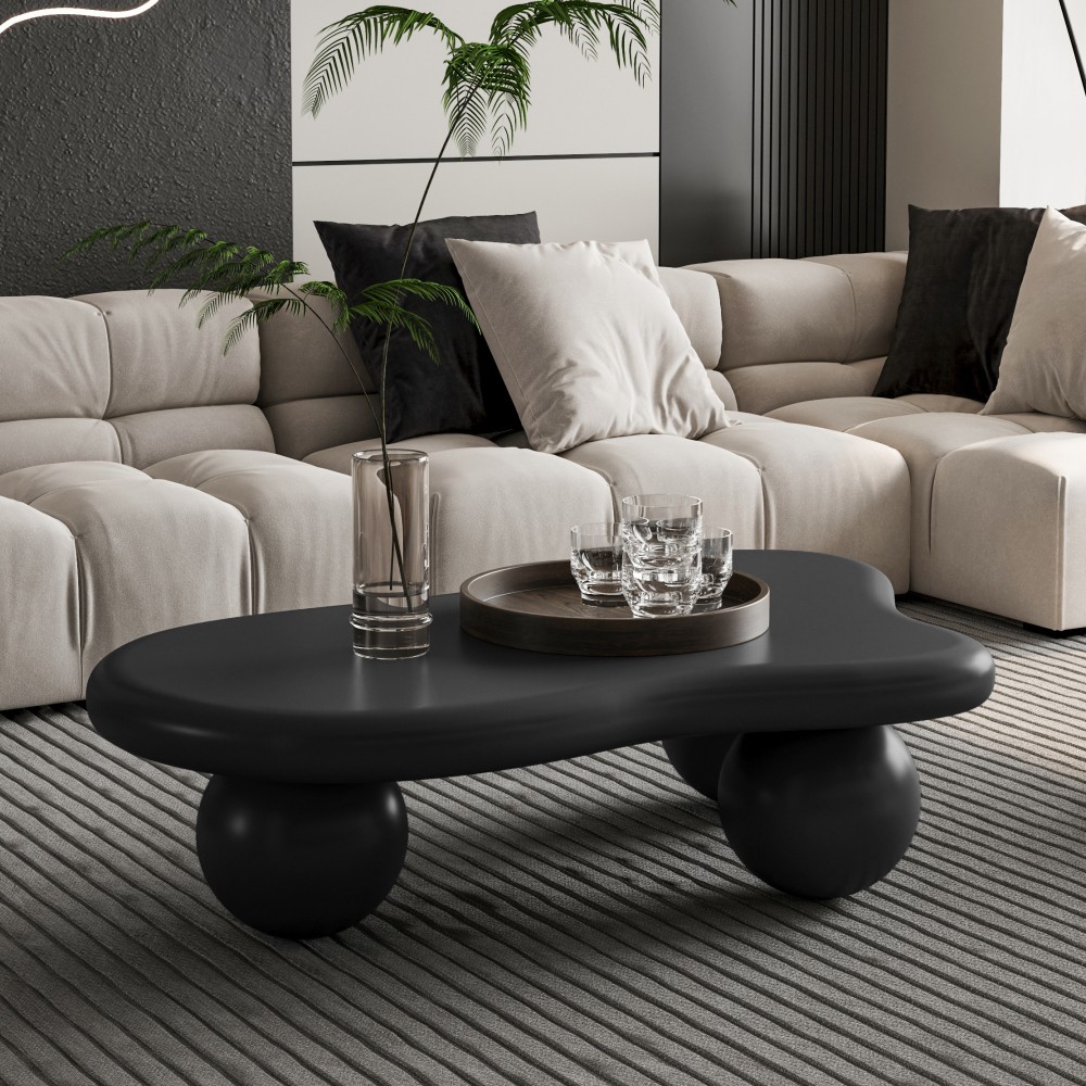 40 Inch Cloud Shaped Coffee Table with 3 Ball Legs for Living Room, Cream White