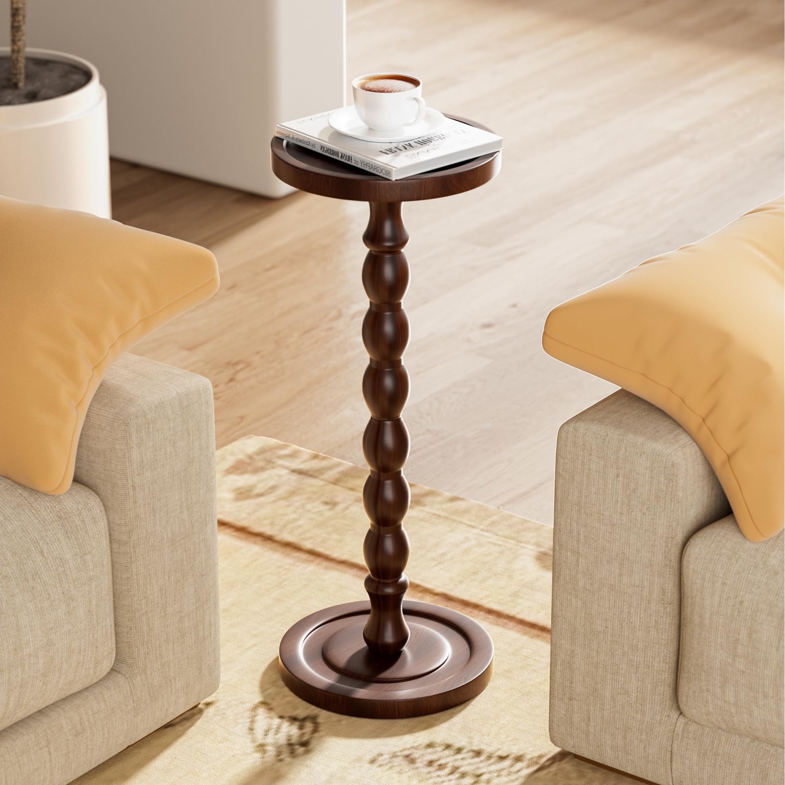 Rubber Wood Round Side Table, Solid Small 9.4″W x 23.8″H, Dark Walnut