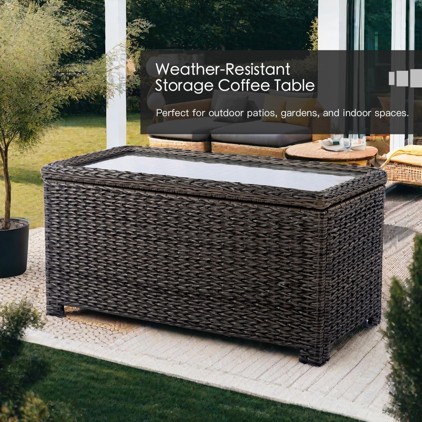 Classic Wicker Patio Coffee Table with Storage, 40” All-Weather Rattan Outdo…