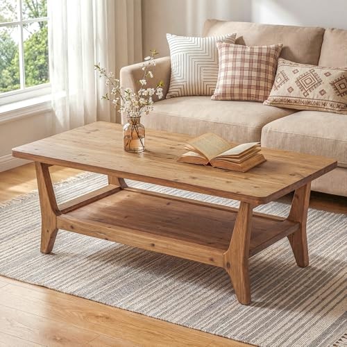 Solid Wood Coffee Table, 47-Inch Living Room Center Warm Cedar Brown Finish