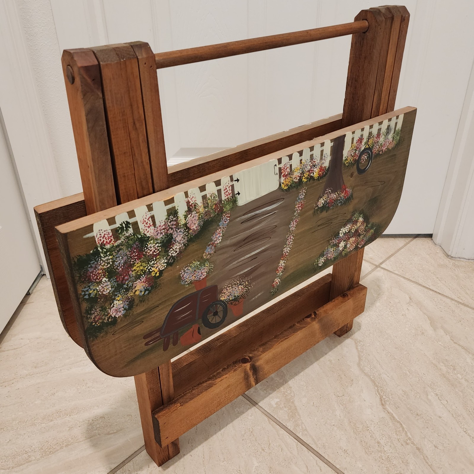 Vintage Country Folk Art Hand Painted Wooden Folding Collapsible Side Table