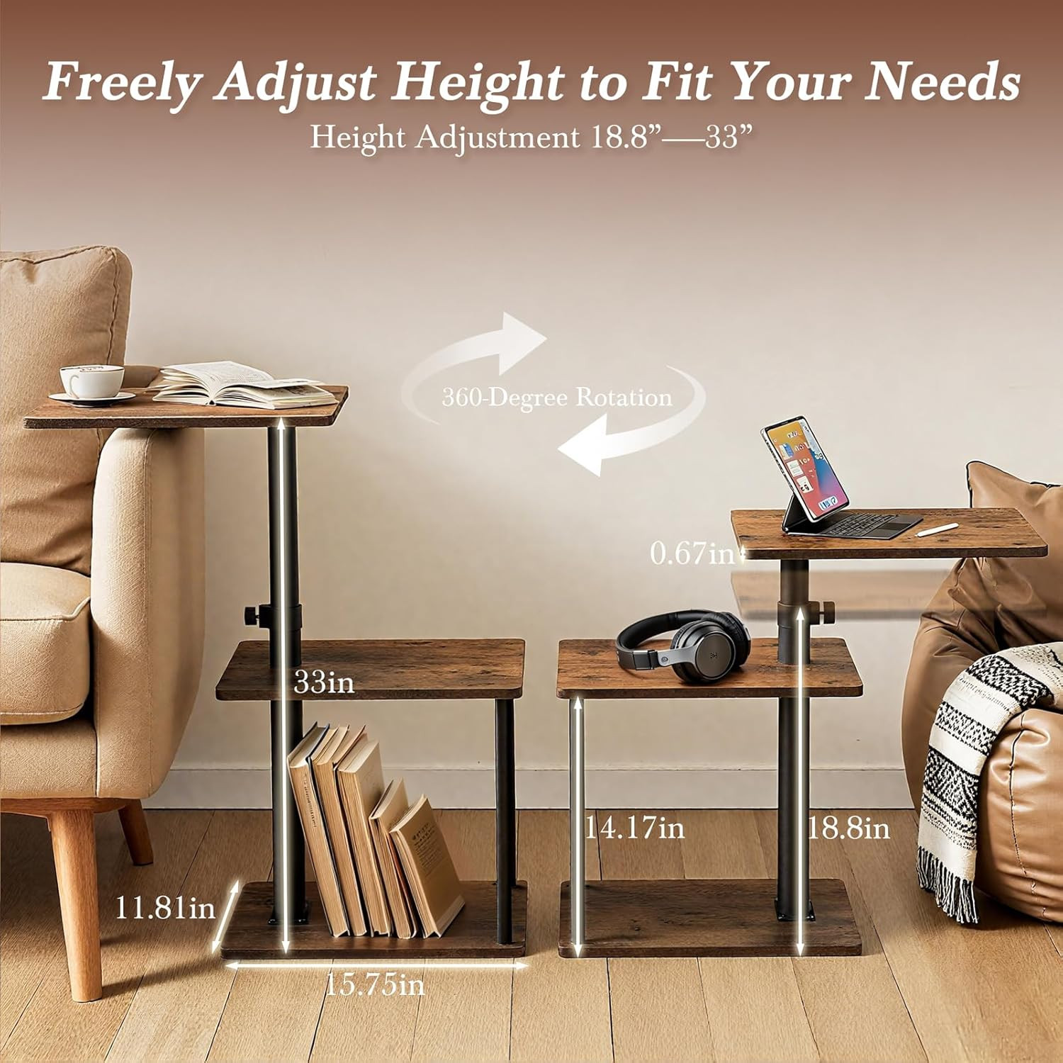 360° Swivel Side Table for Height Adjustable
