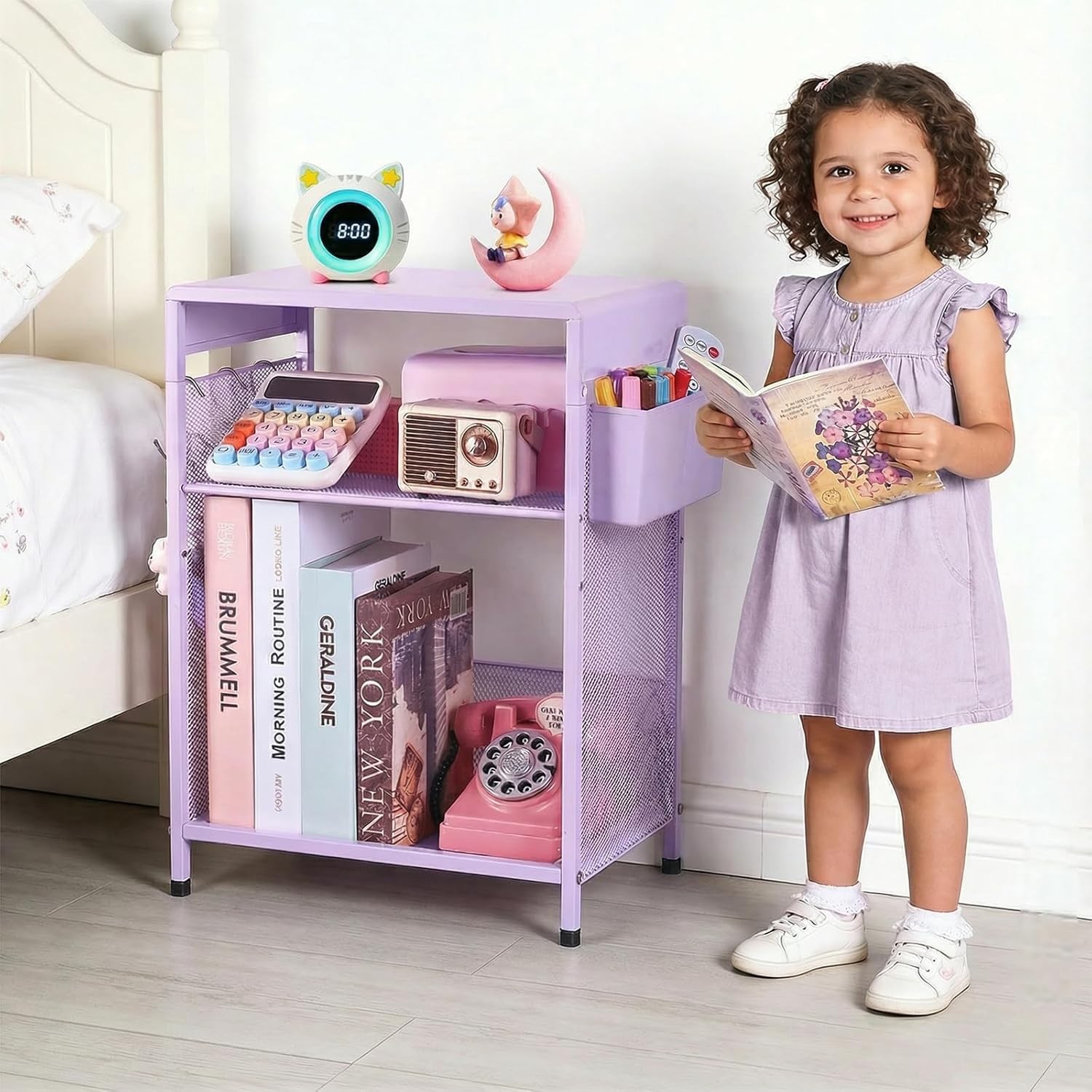 Purple Kids Nightstand 3-Tier Small Side Table Small Spaces Narrow End Table W/