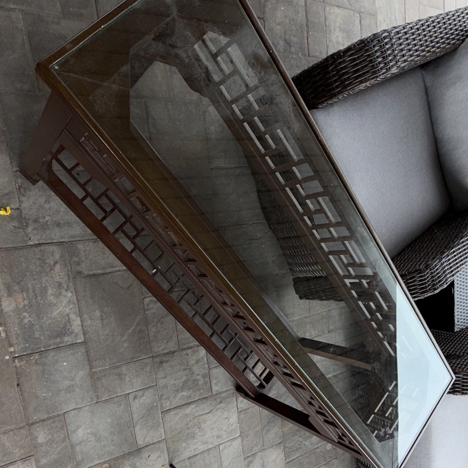 Dark Brown Wood Rectangular Console Table, Glass Top, Lower Shelf