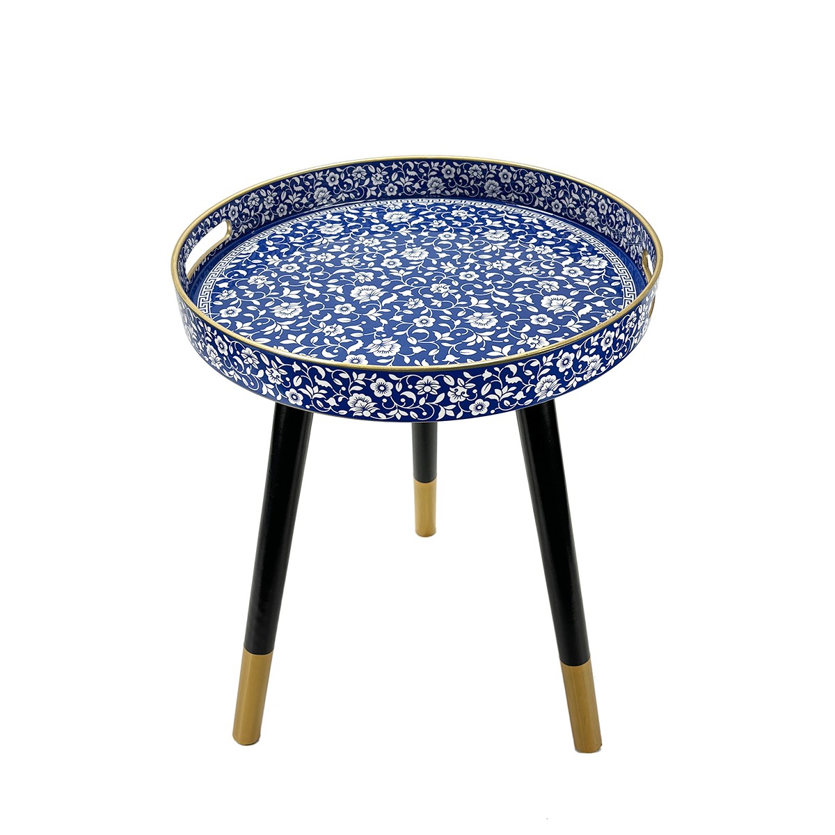 Blue Floral Round Tray Side Table w/ Gold Accents – New