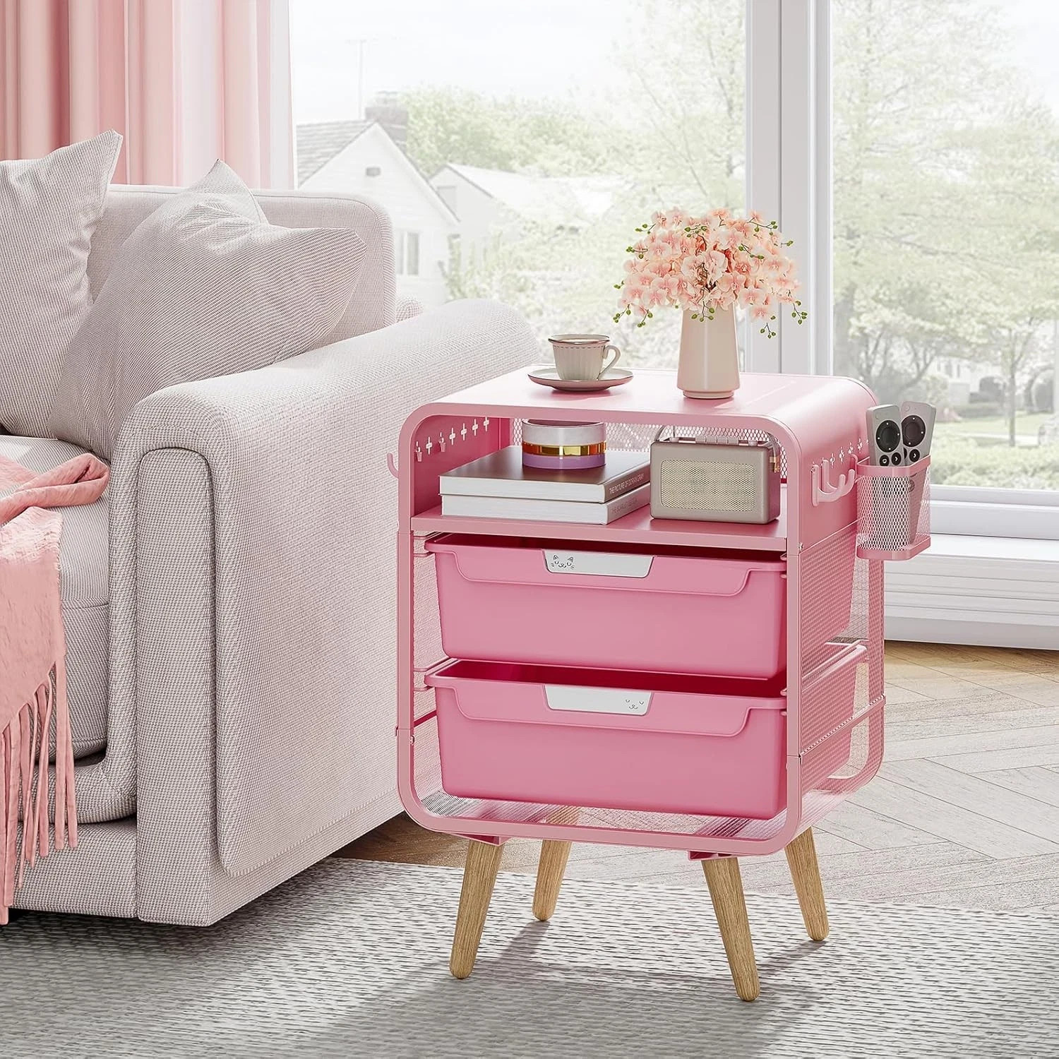 Pink Nightstand,Cute End Table with Storage Drawer,Kids Nightstand for