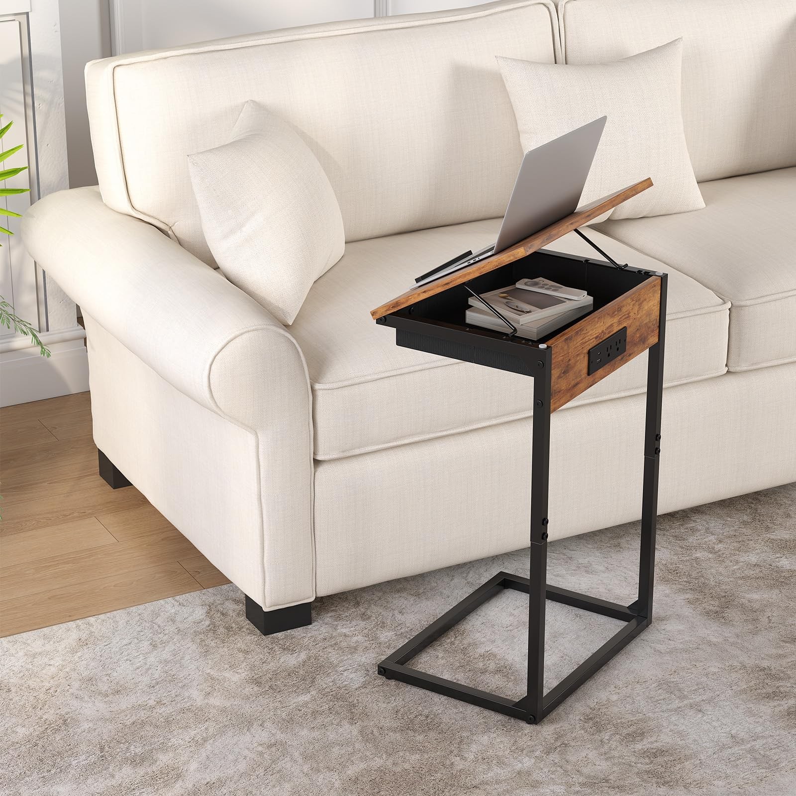 C Shaped End Table with Charging Station, 45° Tiltable Adjustable Flip Top Ta…