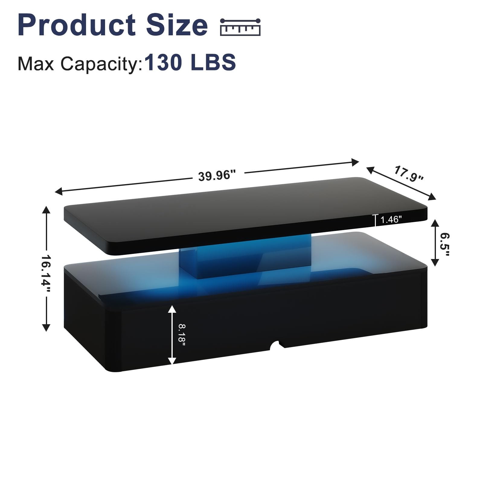 LED Coffee Table, 40 Inch Modern Center Table with Storage, High Glossy Black