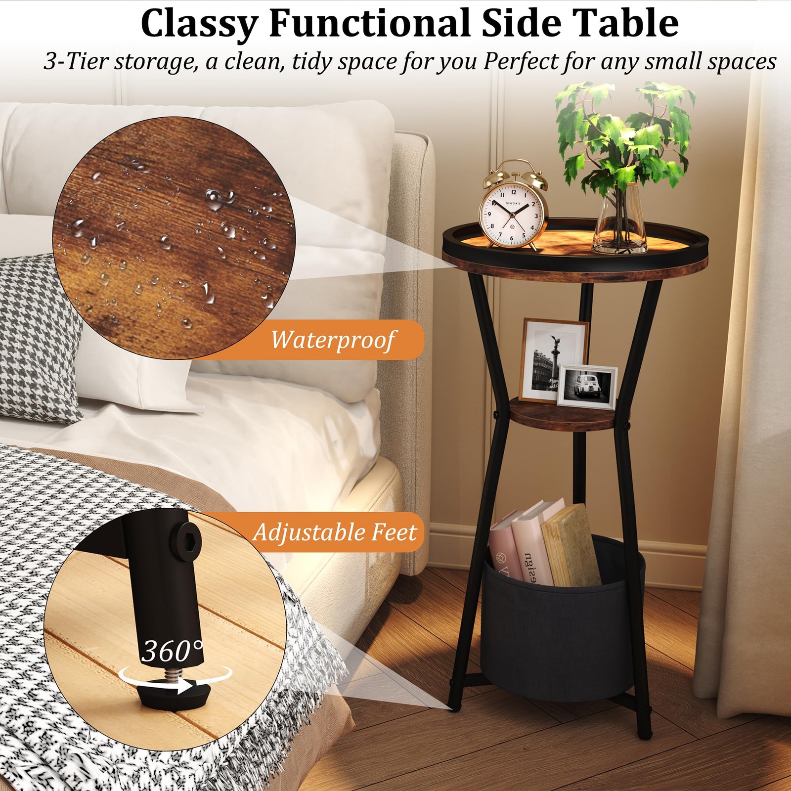 Round Side Table, Small Drink Table for Small Spaces, 3Tier Industrial End Ta…