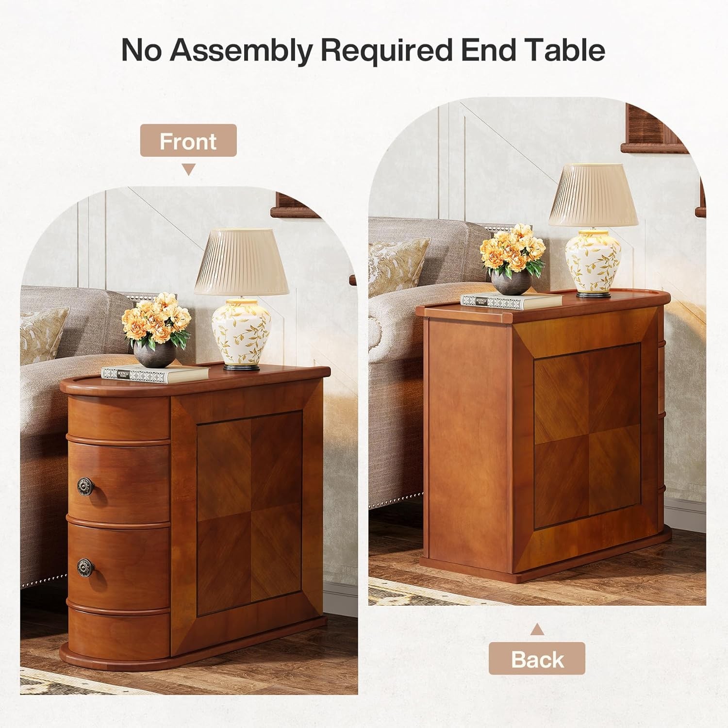 Narrow Bed Side Table with 2 Drawers,Solid Wood End Table, No Assembly Required