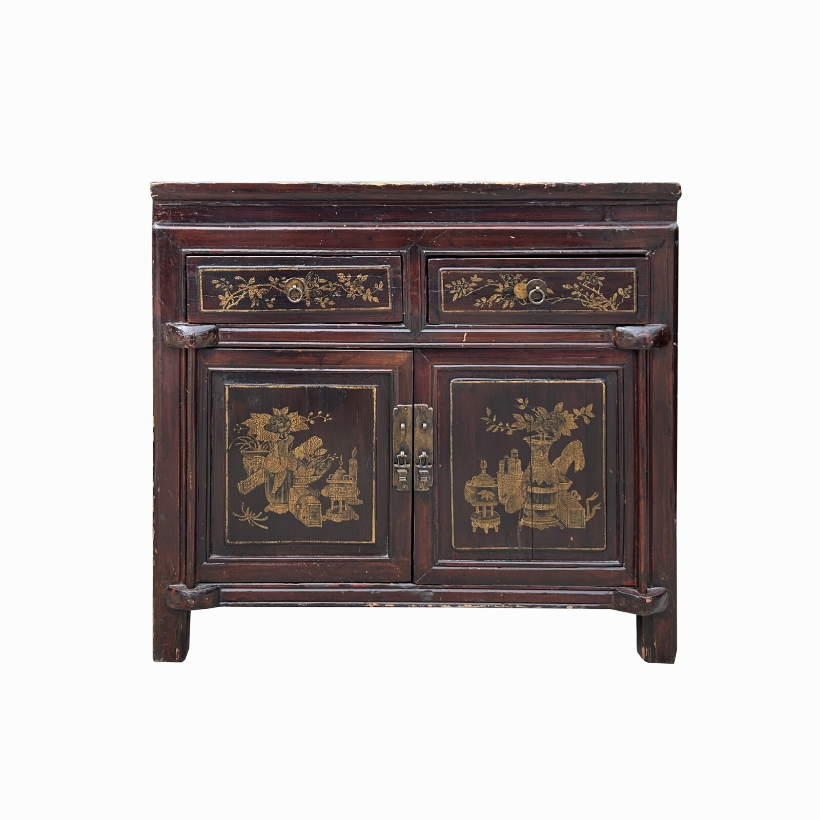 Vintage Chinese Floral Graphic Brown Drawers Table Credenza Cabinet cs7779