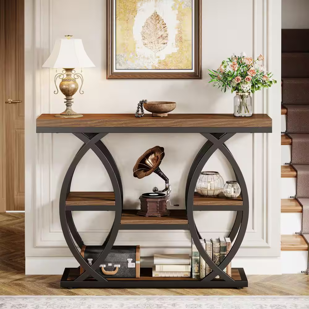 Turrella 39 In. Rustic Brown Rectangle Wood Console Table with Display Shelves,