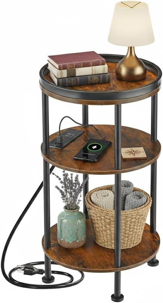 Zexvida, Round End Table With Charging Station, 11.8″ x 11.8″ x 21.7″, Brown