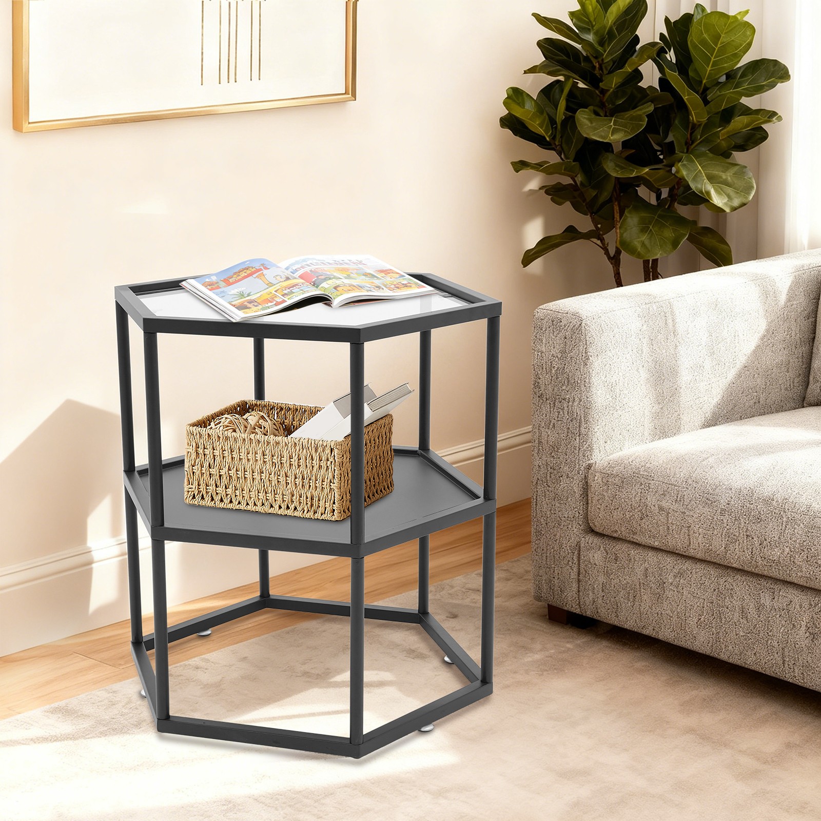 2-tier Hexagon Side 18inch Top Double Shelf Table 50lb 24inch Table For Bedroom