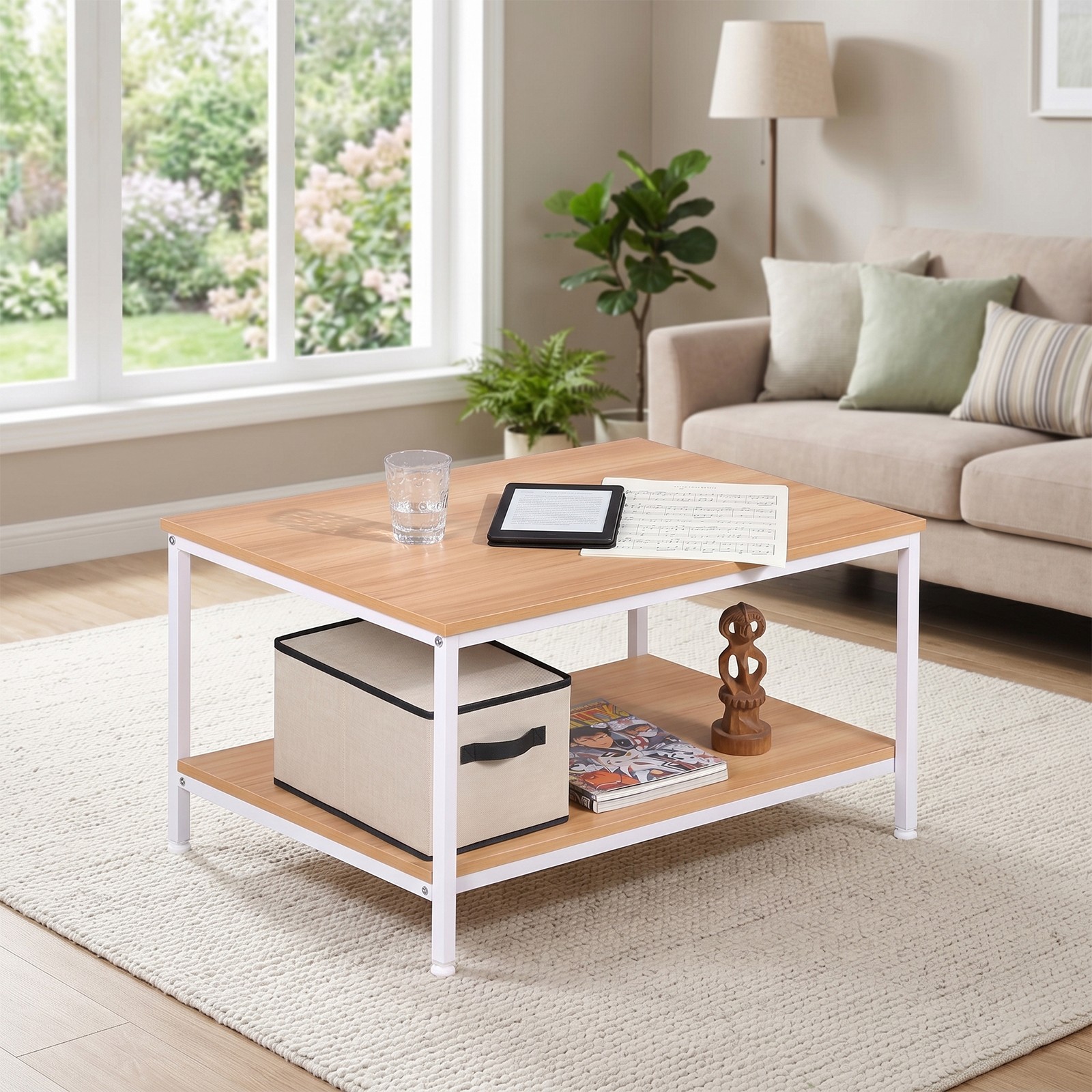 2 Tier Natural Wood Coffee Table with Stable Metal Feet Living Room Rectangle