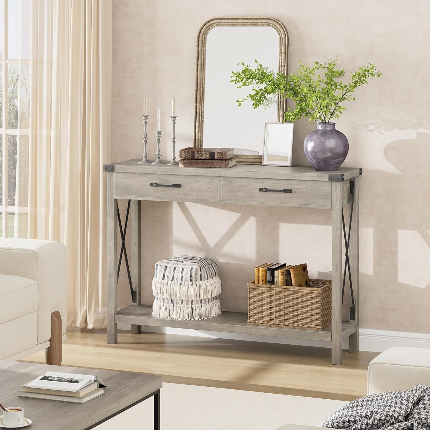 Console Table Open Shelf Accent Entryway Narrow Behind Sofa Table with 2 Drawer