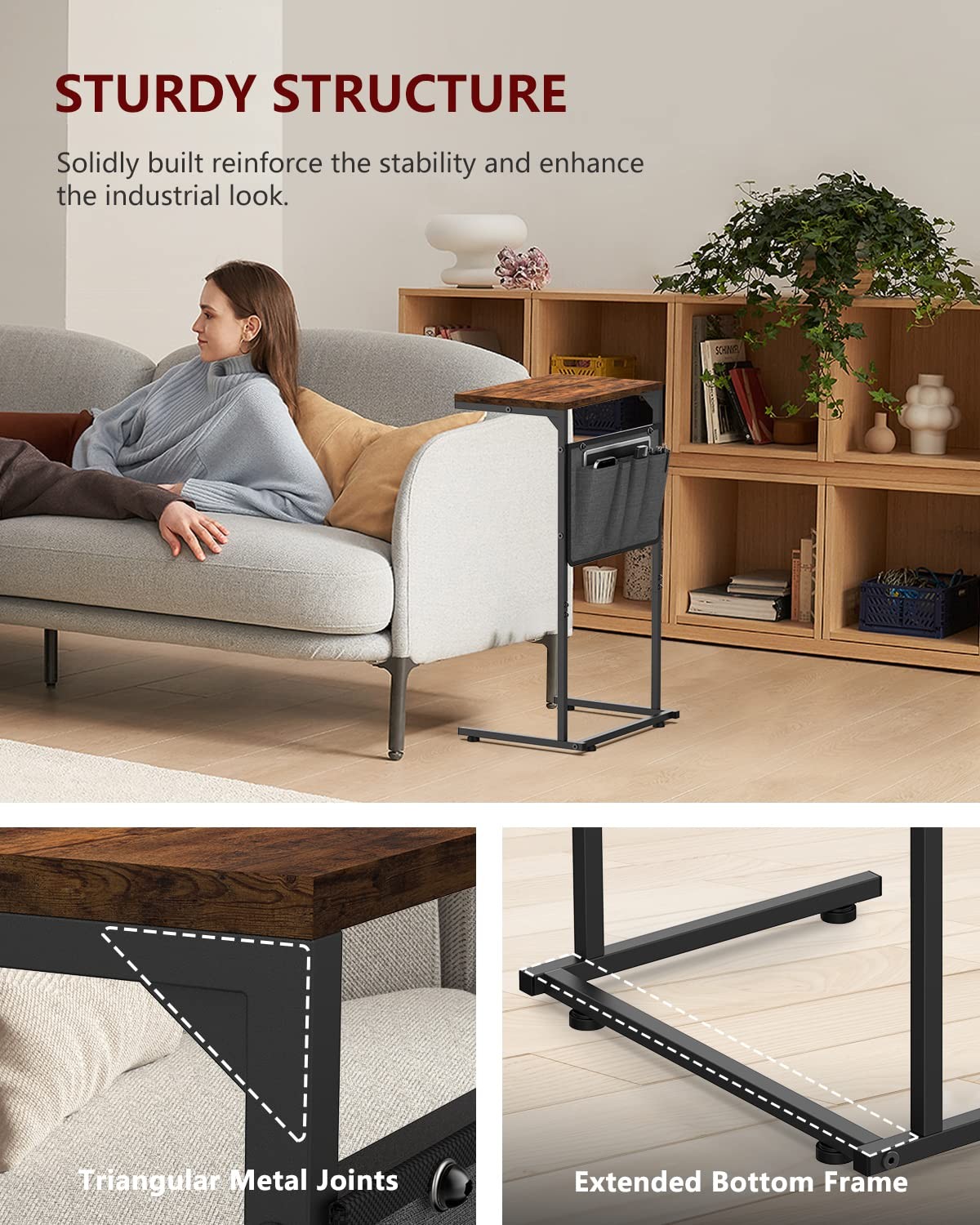 C Shaped End Table, Small Side Table for Couch and Recliner, Slide Under Sofa
