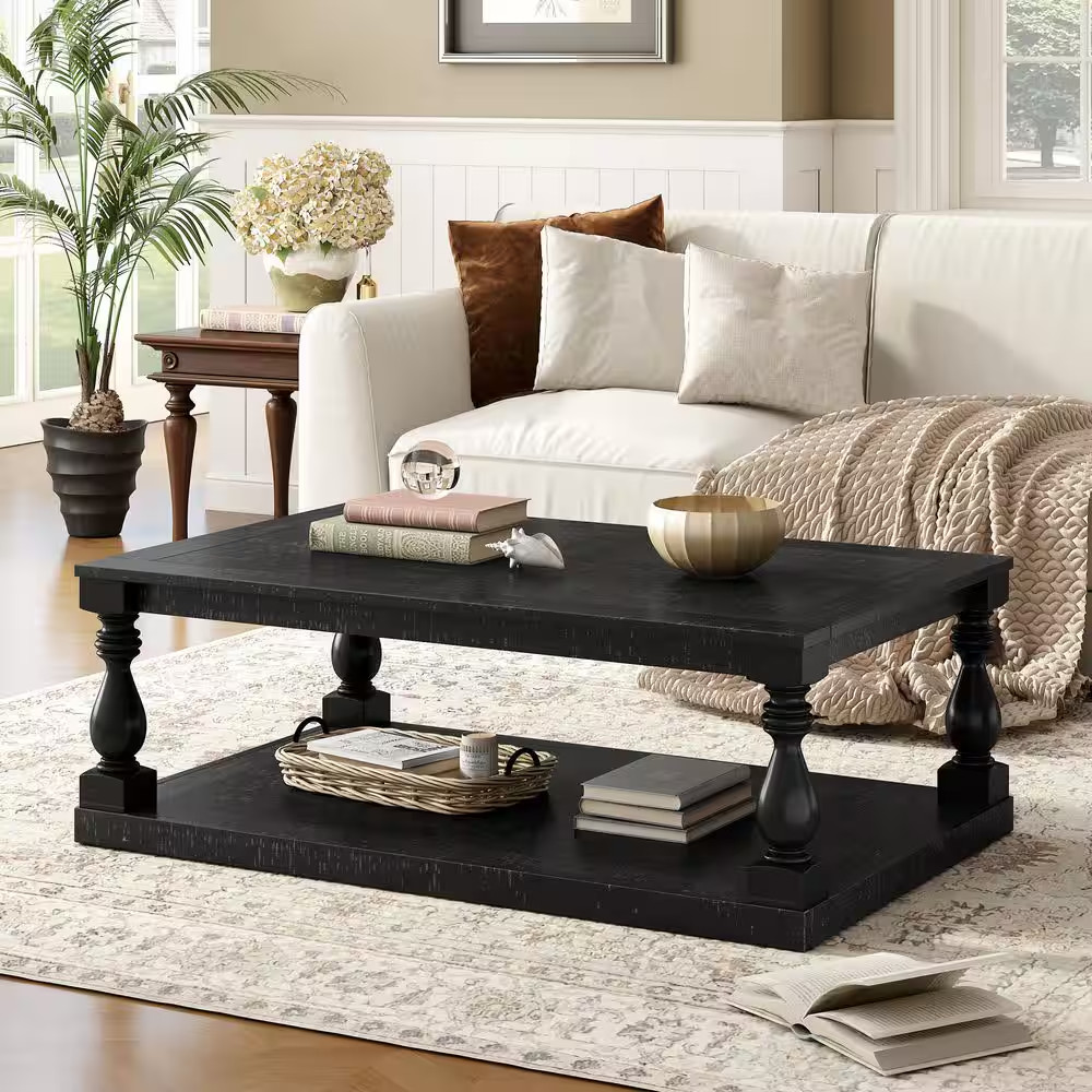 Rustic 43.5 In. Black Rectangle Solid Wood Coffee Table with Storage Shelf, Arti