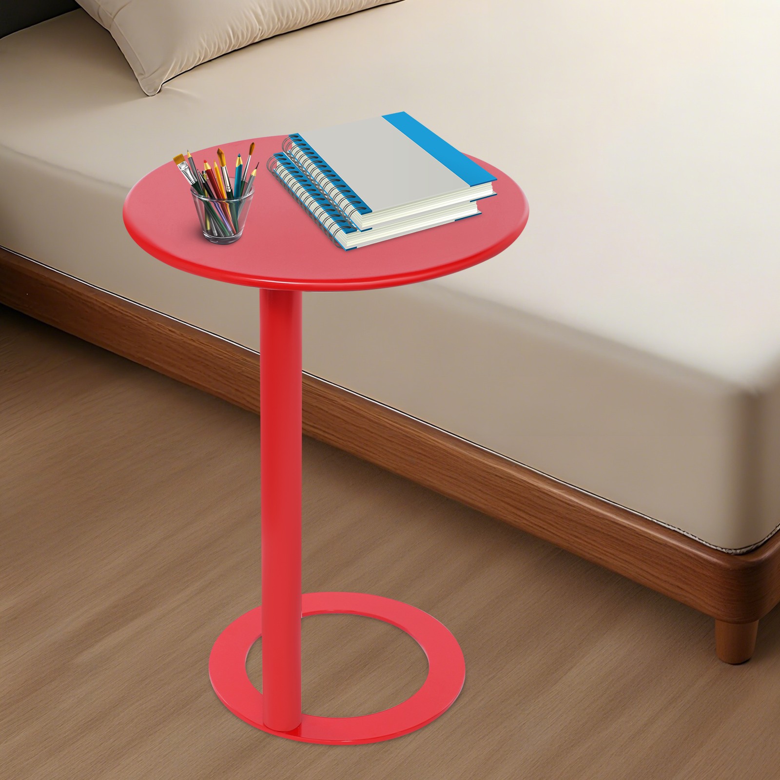 Red C-Shaped Coffee Table, 18.9*27.2in C-Shaped Side Table With O-Shaped Base