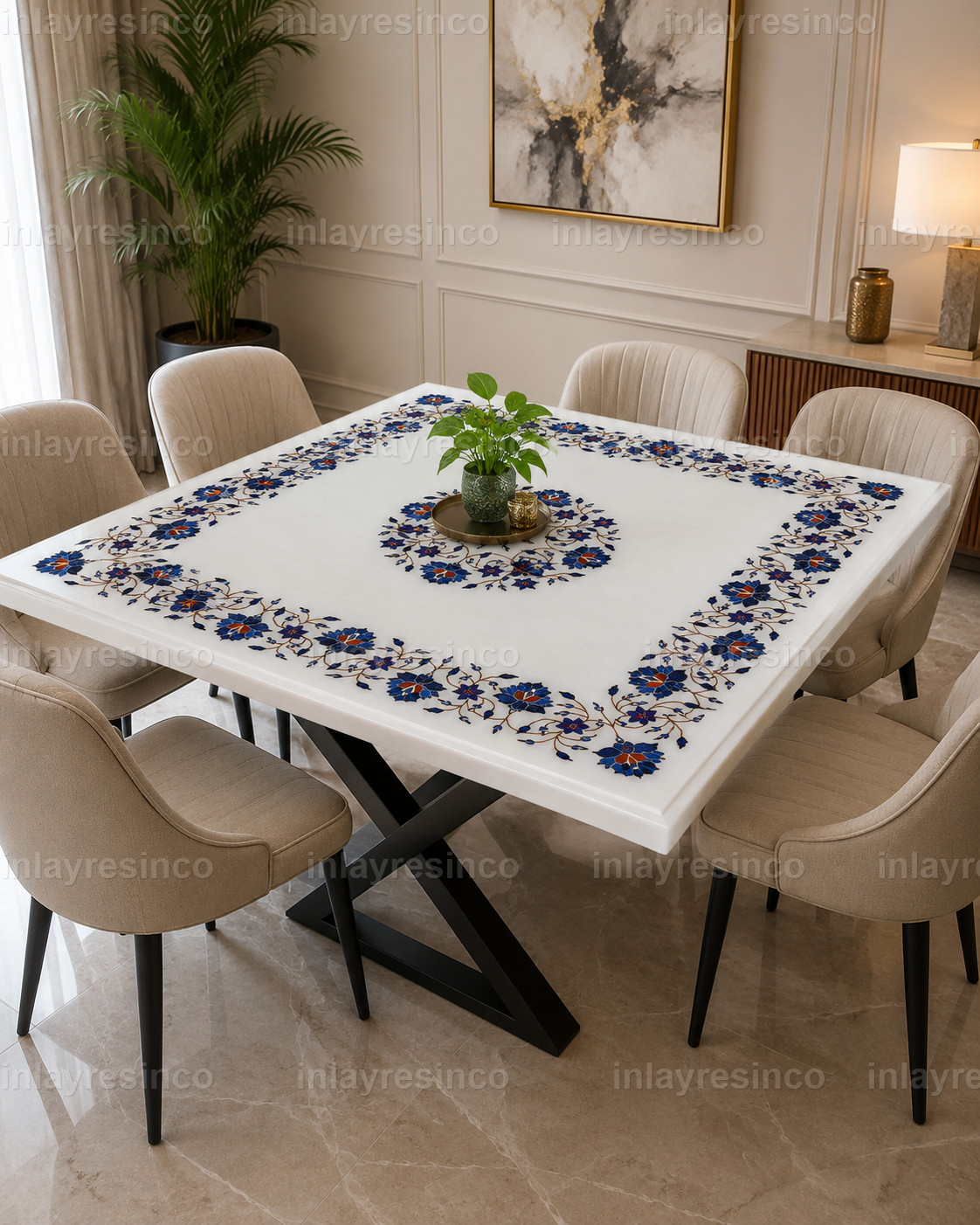 Handmade White Marble Inlay Dining Table Top Blue Floral Pietra Dura Decor
