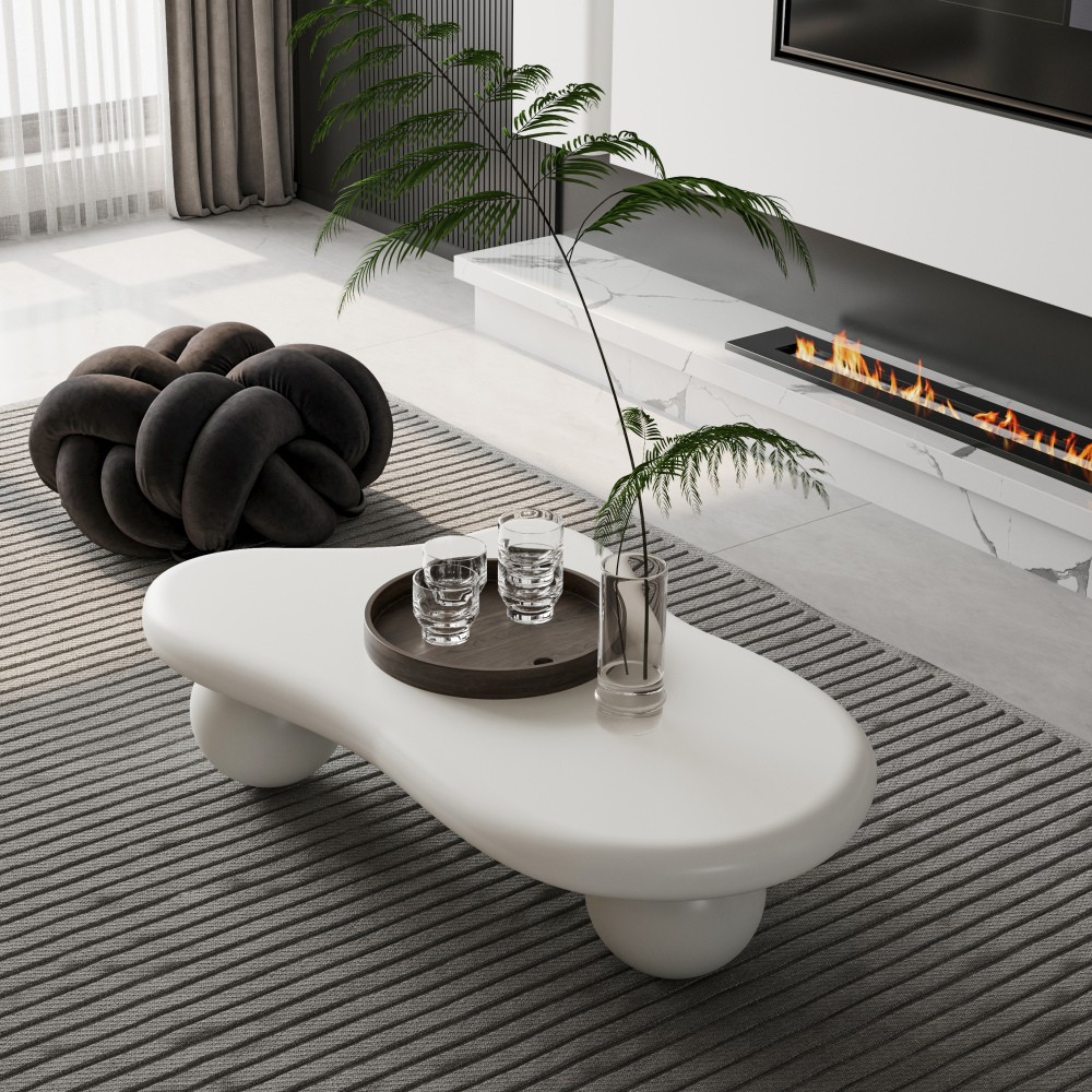 40 Inch Cloud Shaped Coffee Table with 3 Ball Legs for Living Room, Cream White