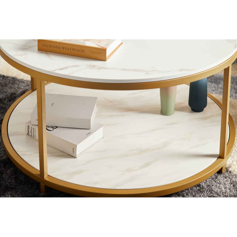 White and gold round coffee table 34.64 in living room coffee table