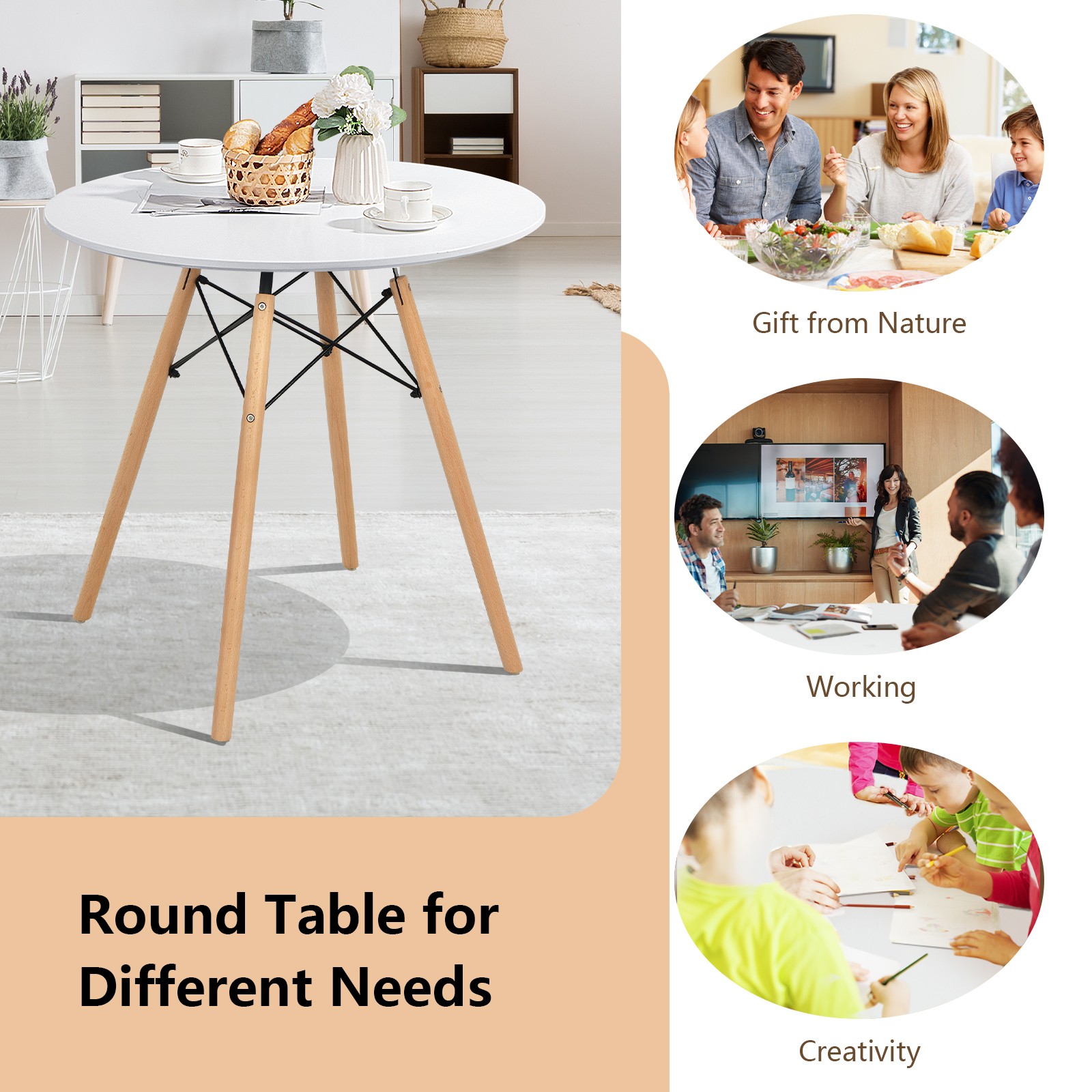 Dining Table Round White Modern Dining Table 31.5″ w/ Solid Wooden Legs Kitchen