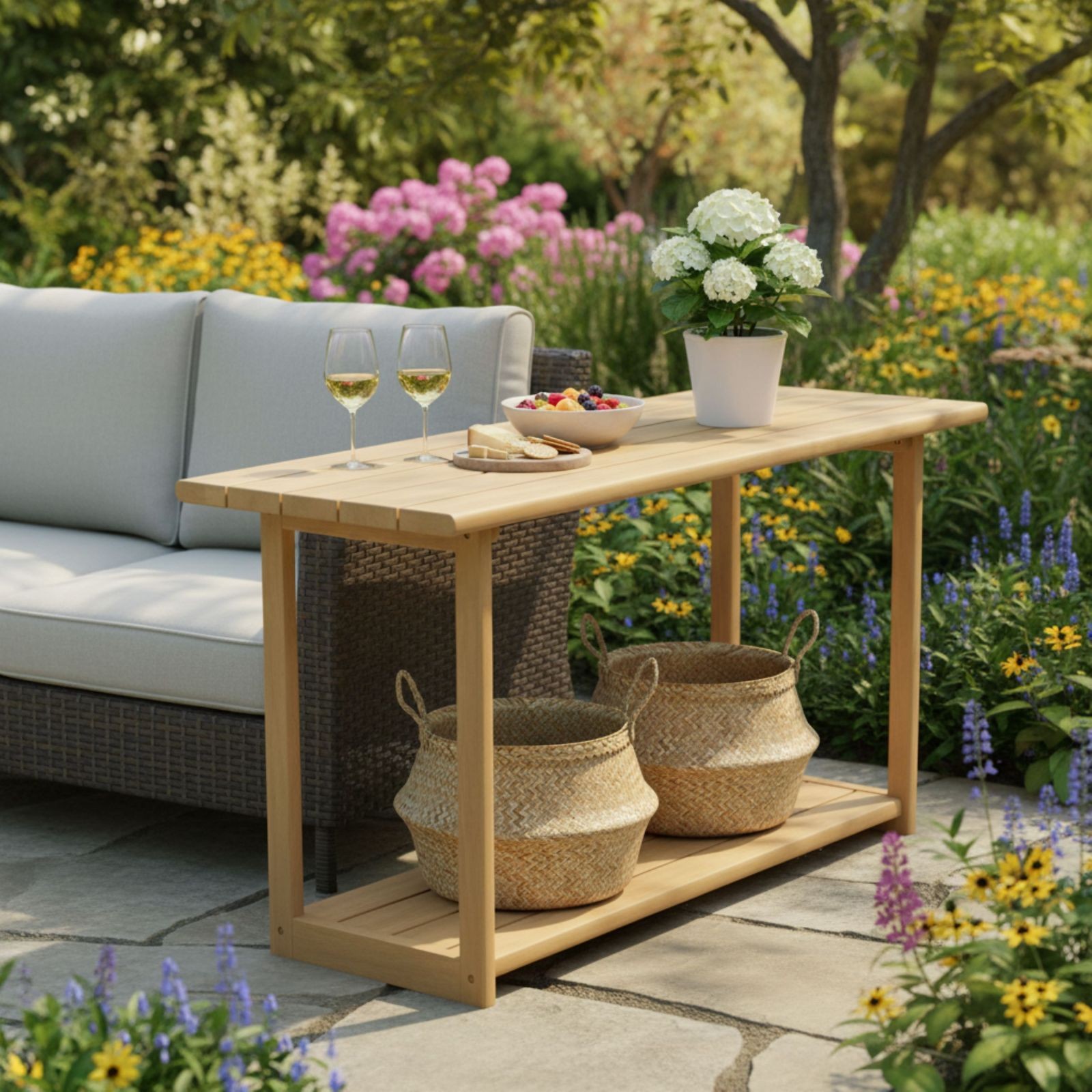 Rectangular Acacia Wood Outdoor Buffet Console Table Light Teak