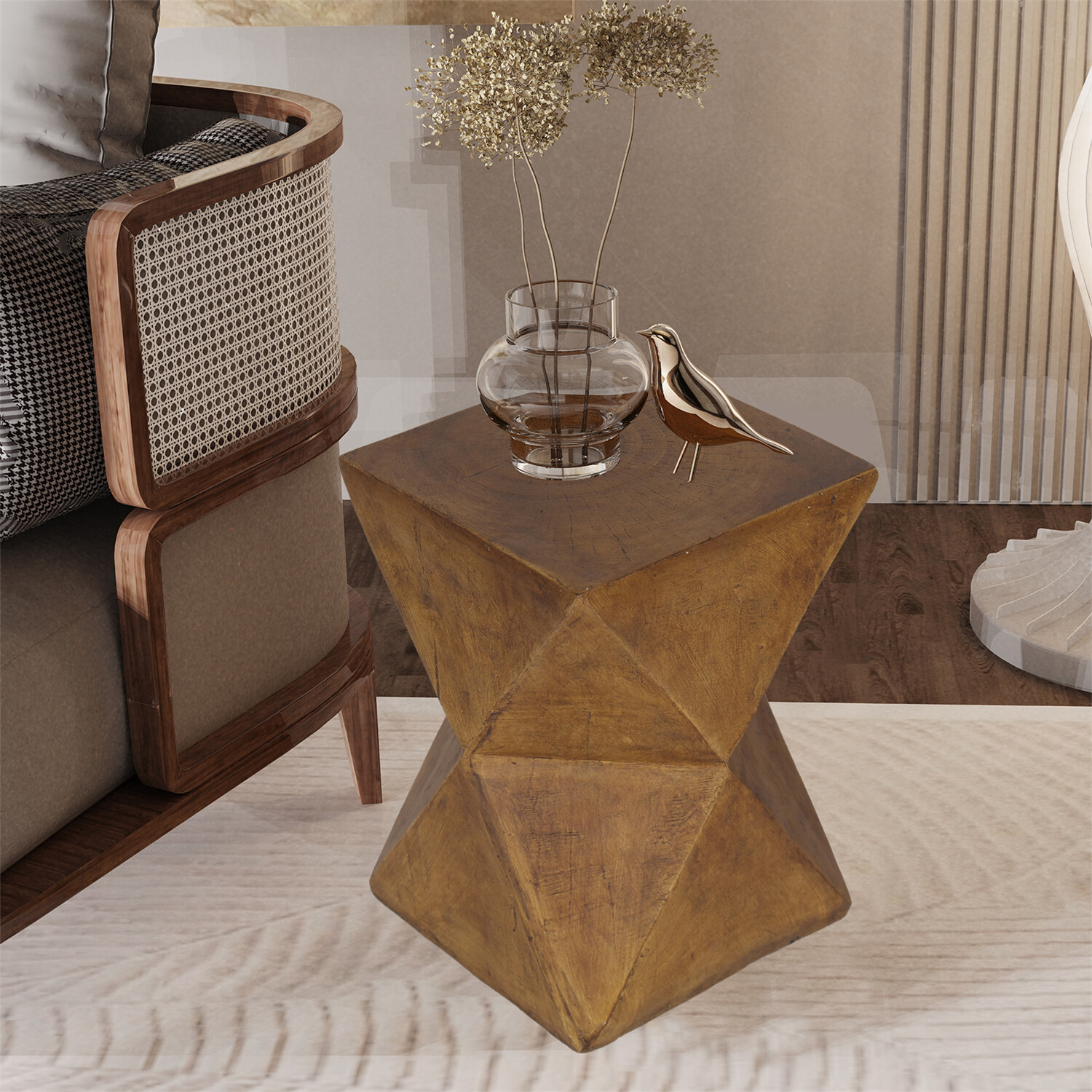 18” Tall Unique Concrete Side Table Decor Outdoor Handmade End Table Geometric